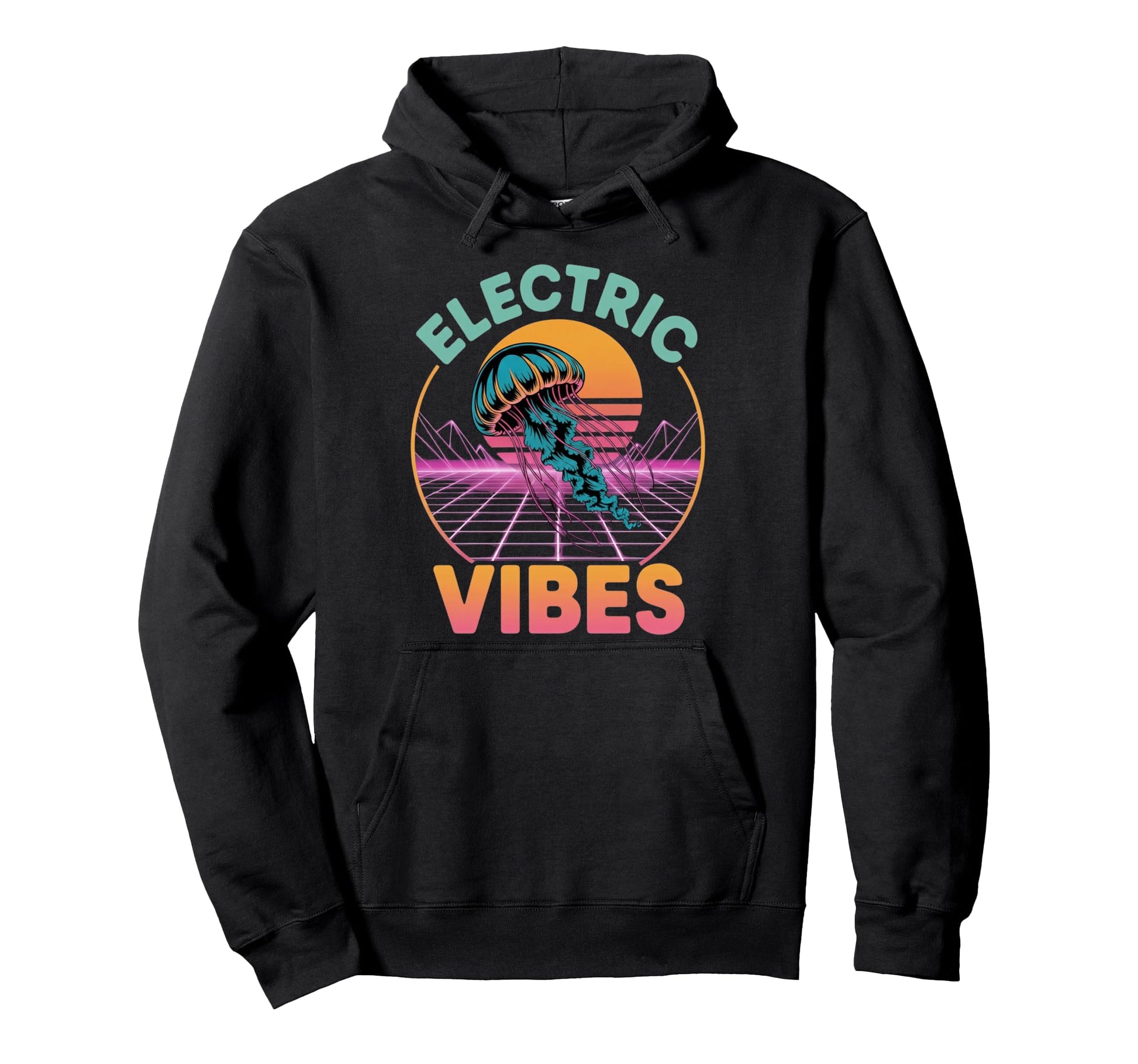 Electric Vibes Jellyfish 80S Synthwave Hoodie - Novelty Apparel for Adults - T-Shirt, Sweatshirt, Hoodie