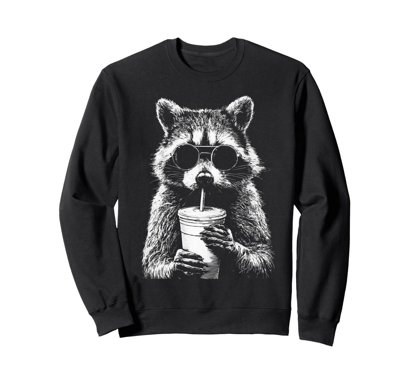 Raccoon Drinking Iced Coffee Funny Sweatshirt - Novelty Apparel for Adults - T-Shirt, Sweatshirt, Hoodie