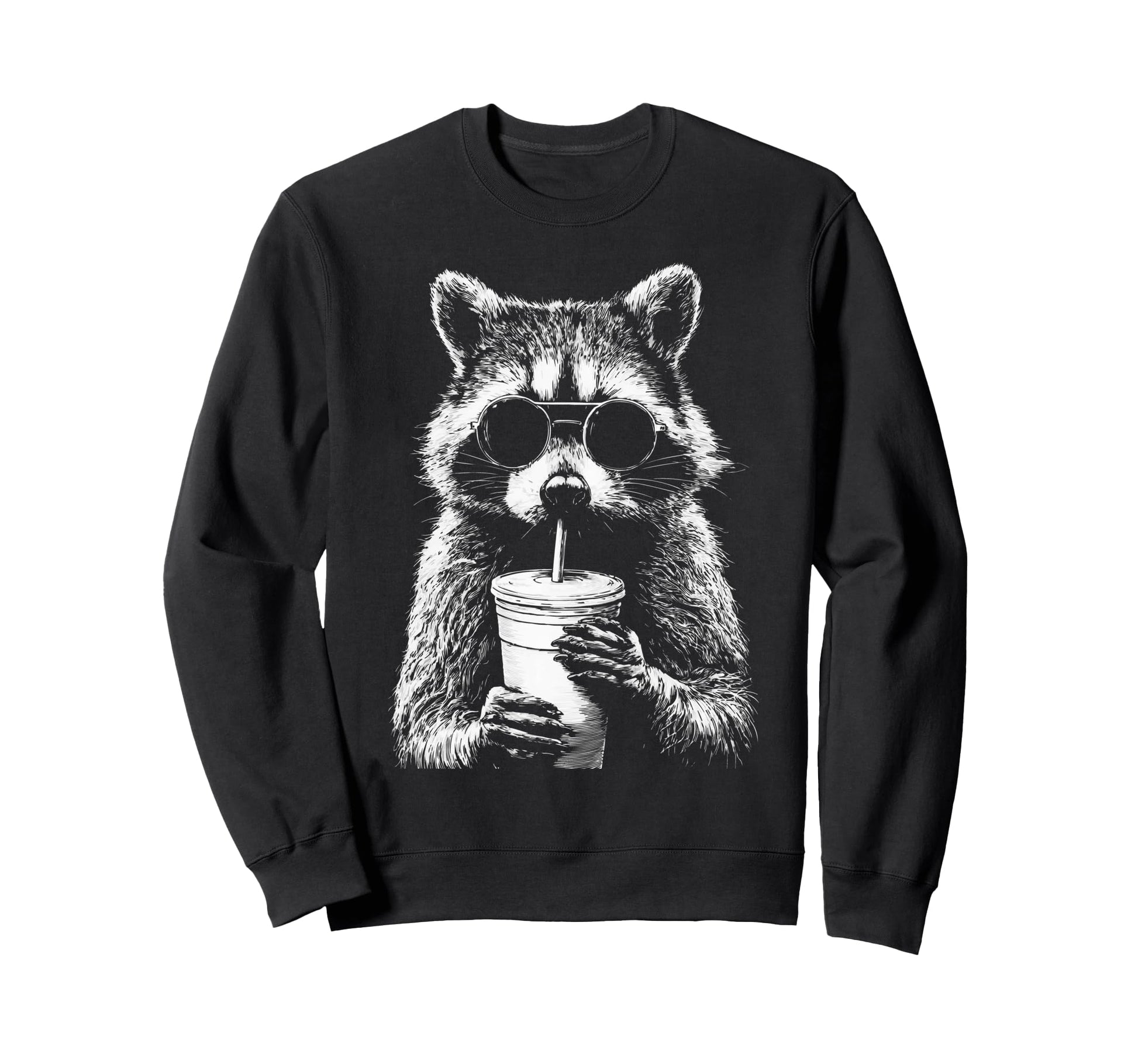 Raccoon Drinking Iced Coffee Funny Sweatshirt - Novelty Apparel for Adults - T-Shirt, Sweatshirt, Hoodie