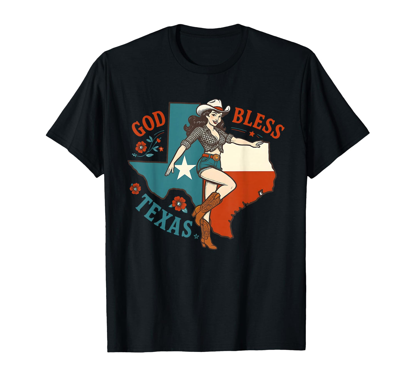 God Bless Texas Pin Up Cowgirl Texas Map T-Shirt - Unique Graphic Unisex - T-Shirt, Sweatshirt, Hoodie