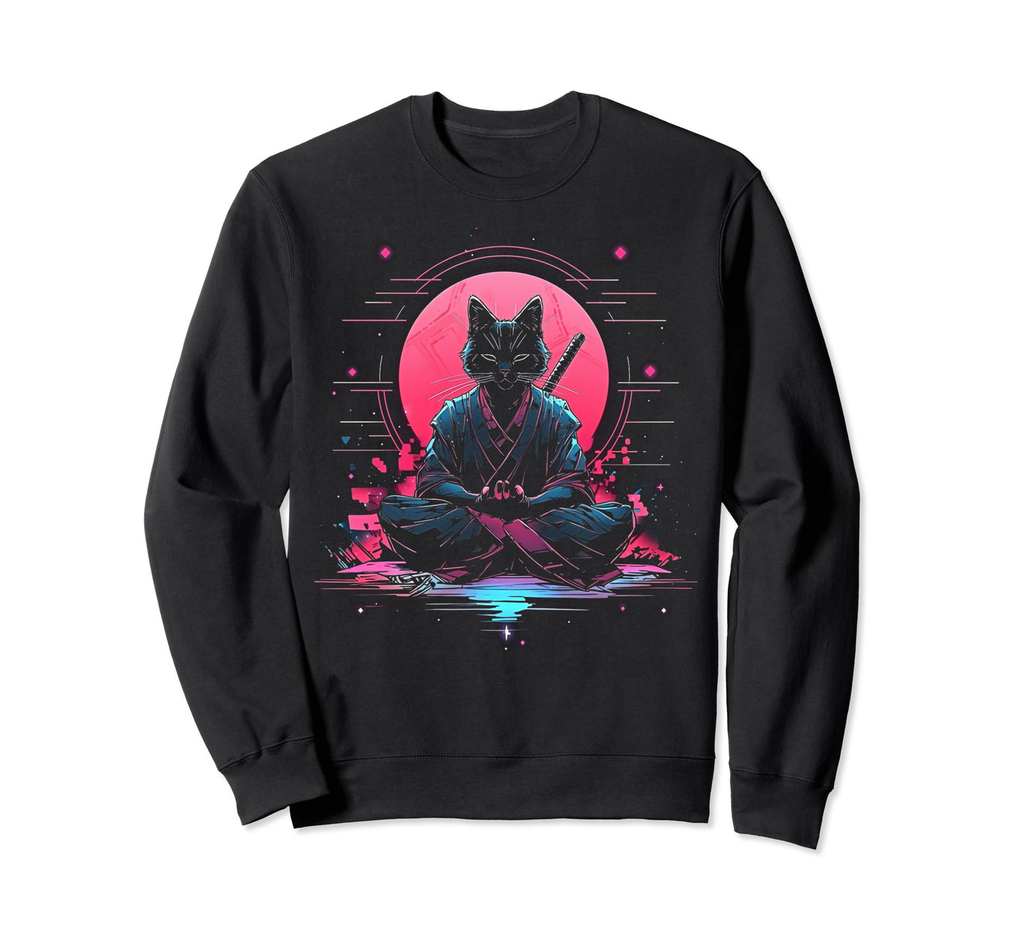 Synthwave Cat Samurai Mediation Sweatshirt - Aesthetic Graphic Men Women - T-Shirt, Sweatshirt, Hoodie