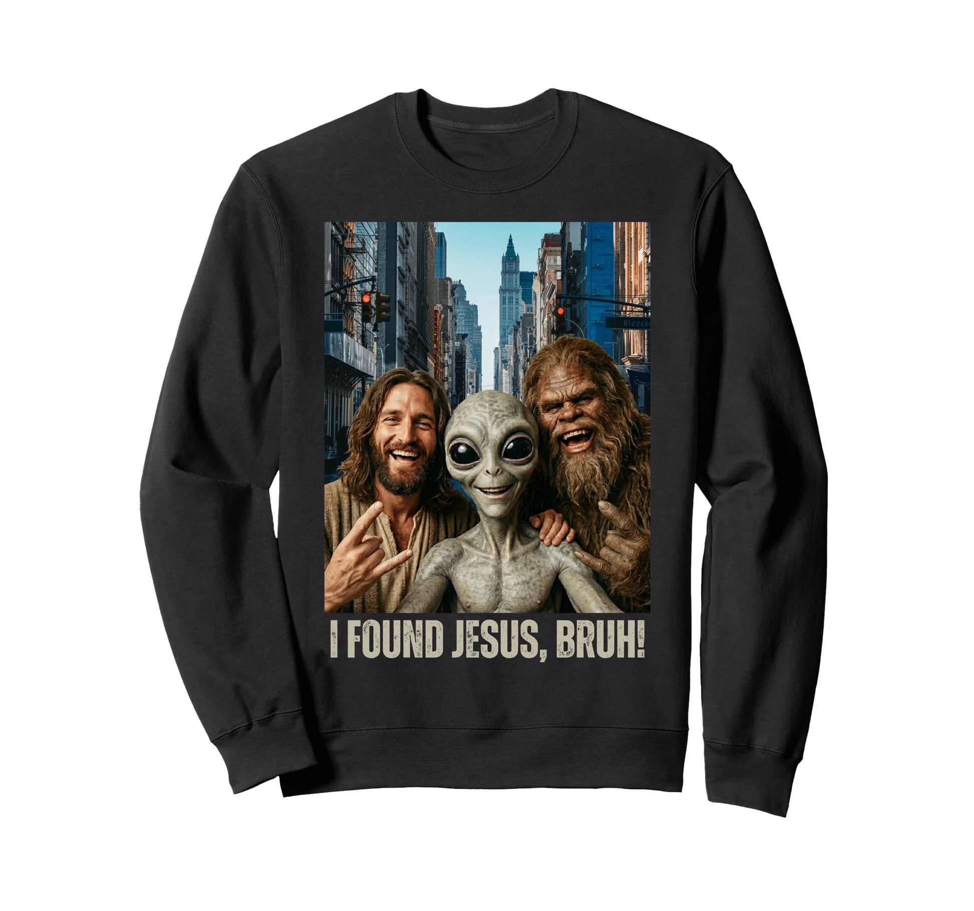 Bruh Bigfoot Alien Jesus Rock Hand Sweatshirt - Streetwear Style Unisex - T-Shirt, Sweatshirt, Hoodie