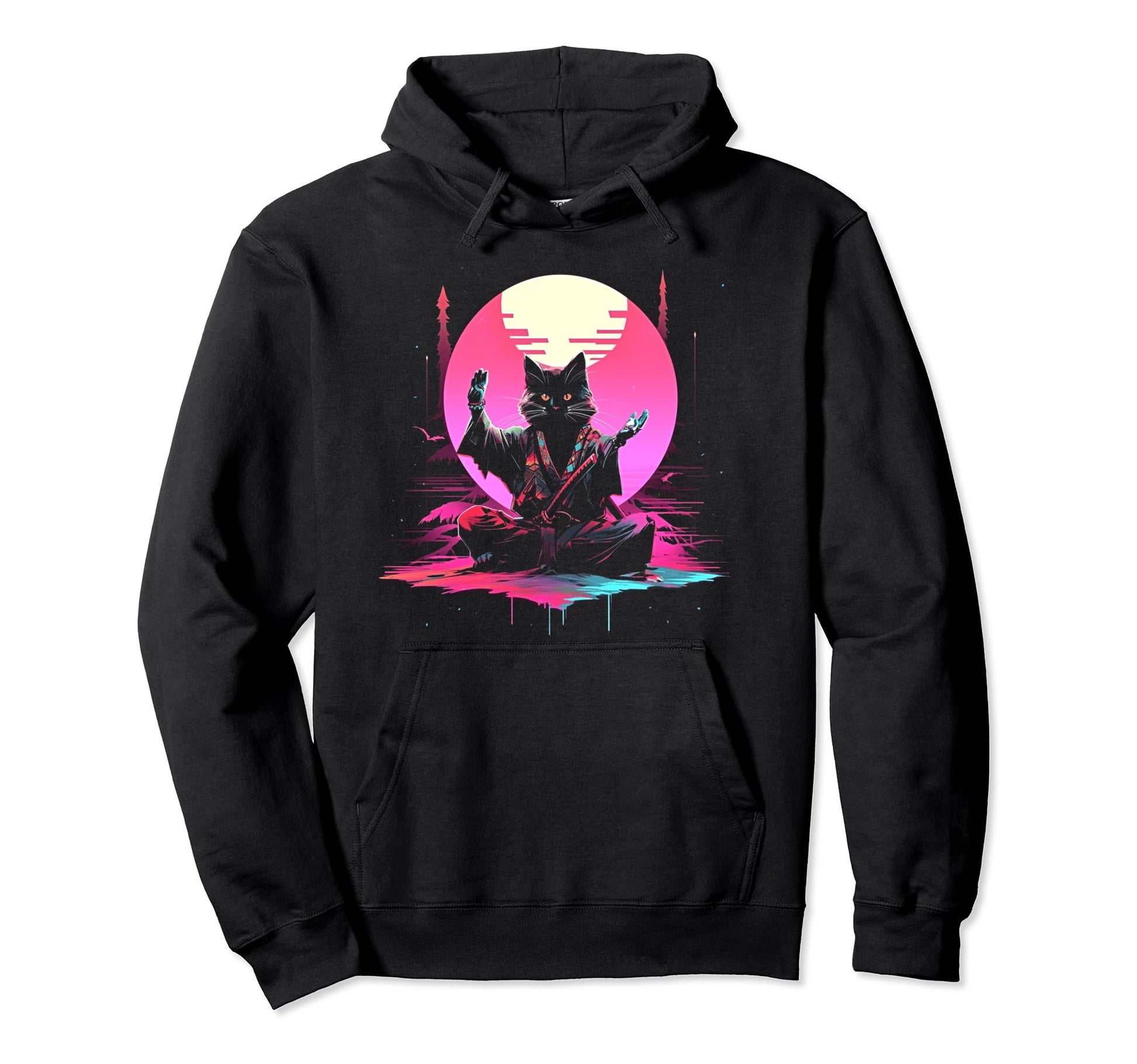 Synthwave Cat Samurai Mediation Vaporwave Hoodie - Unique Graphic Unisex - T-Shirt, Sweatshirt, Hoodie