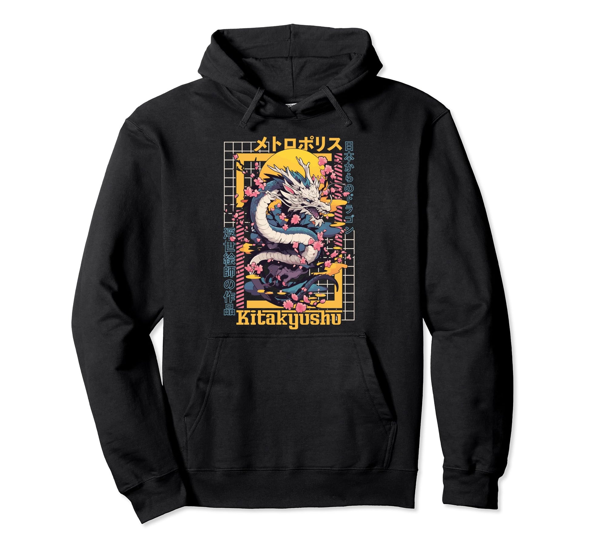 Kitakyushu City Synthwave 80S Dragon Hoodie - Casual Everyday Wear Unisex - T-Shirt, Sweatshirt, Hoodie