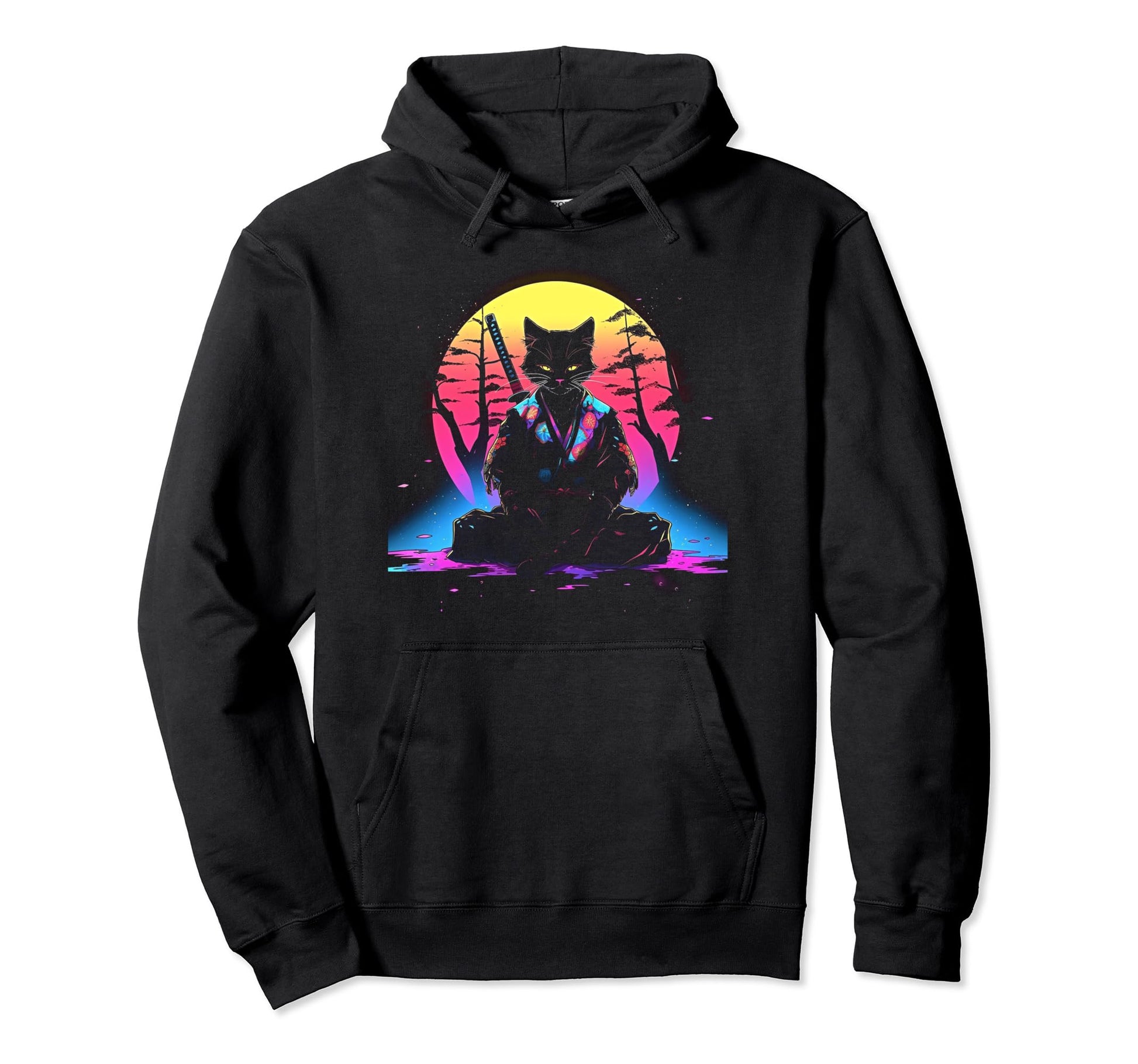 Synthwave Cat Samurai Mediation Hoodie - Aesthetic Graphic Men Women - T-Shirt, Sweatshirt, Hoodie