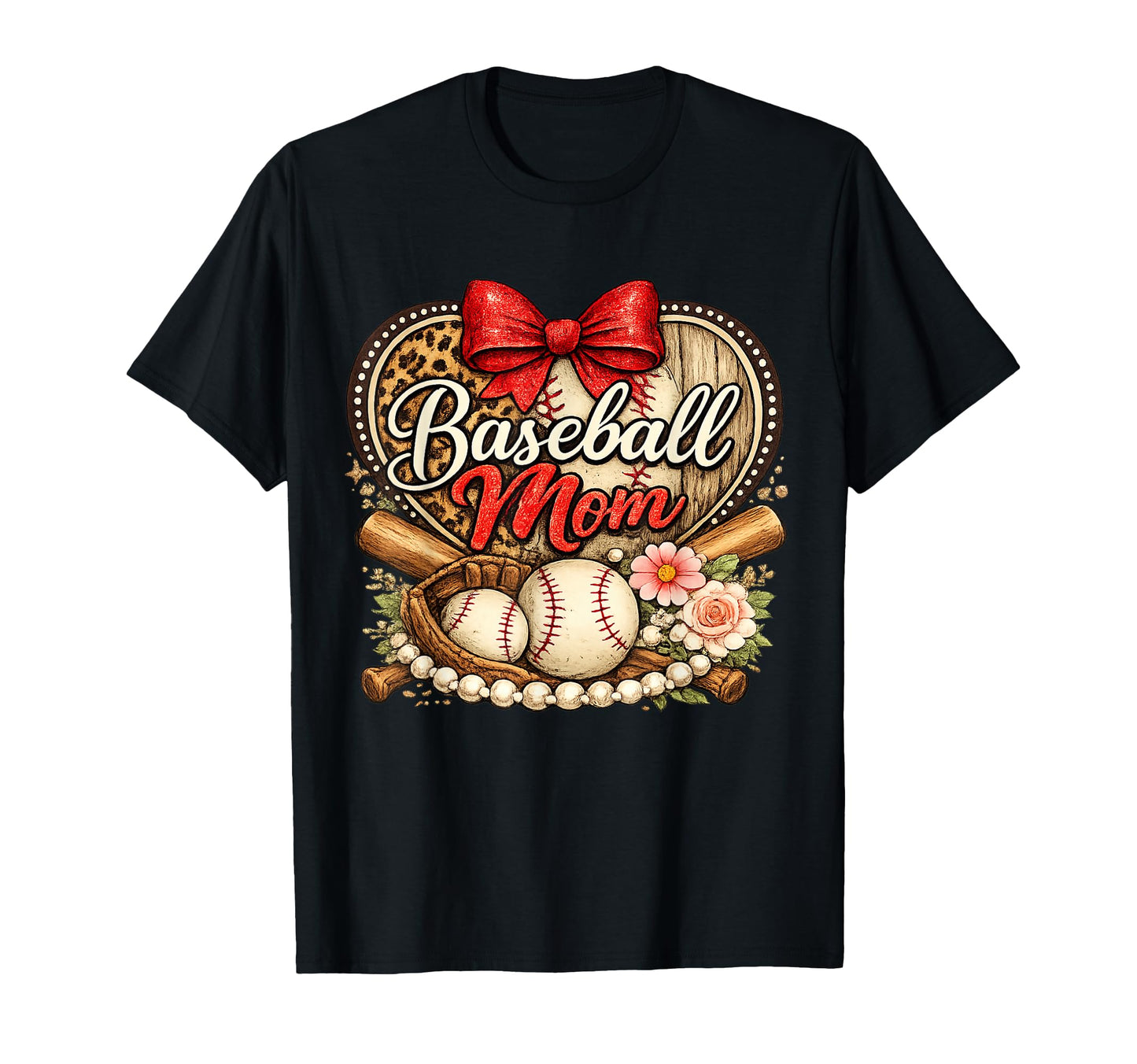 Baseball Mom Leopard Bow Floral Game T-Shirt - Custom Art Print for Adults - T-Shirt, Sweatshirt, Hoodie
