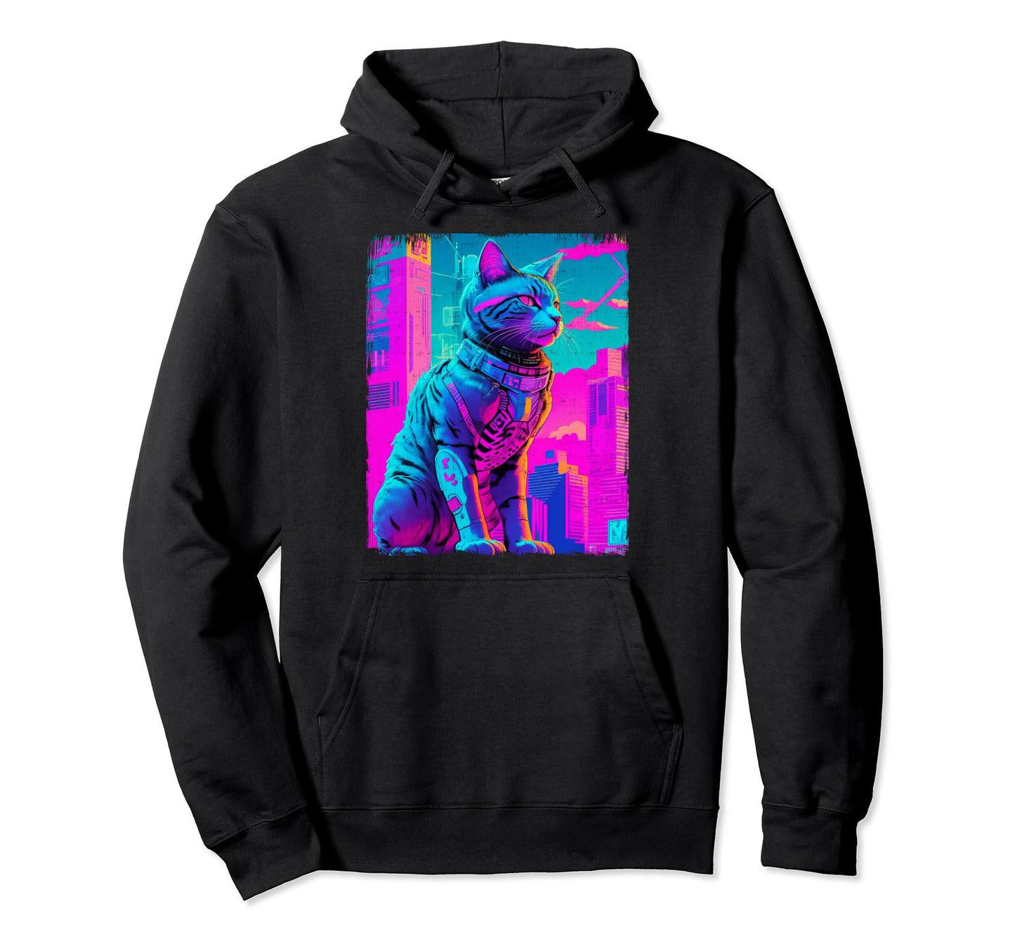 Giant Cat City Sunset Vaporwave 80S Hoodie - Novelty Apparel for Adults - T-Shirt, Sweatshirt, Hoodie