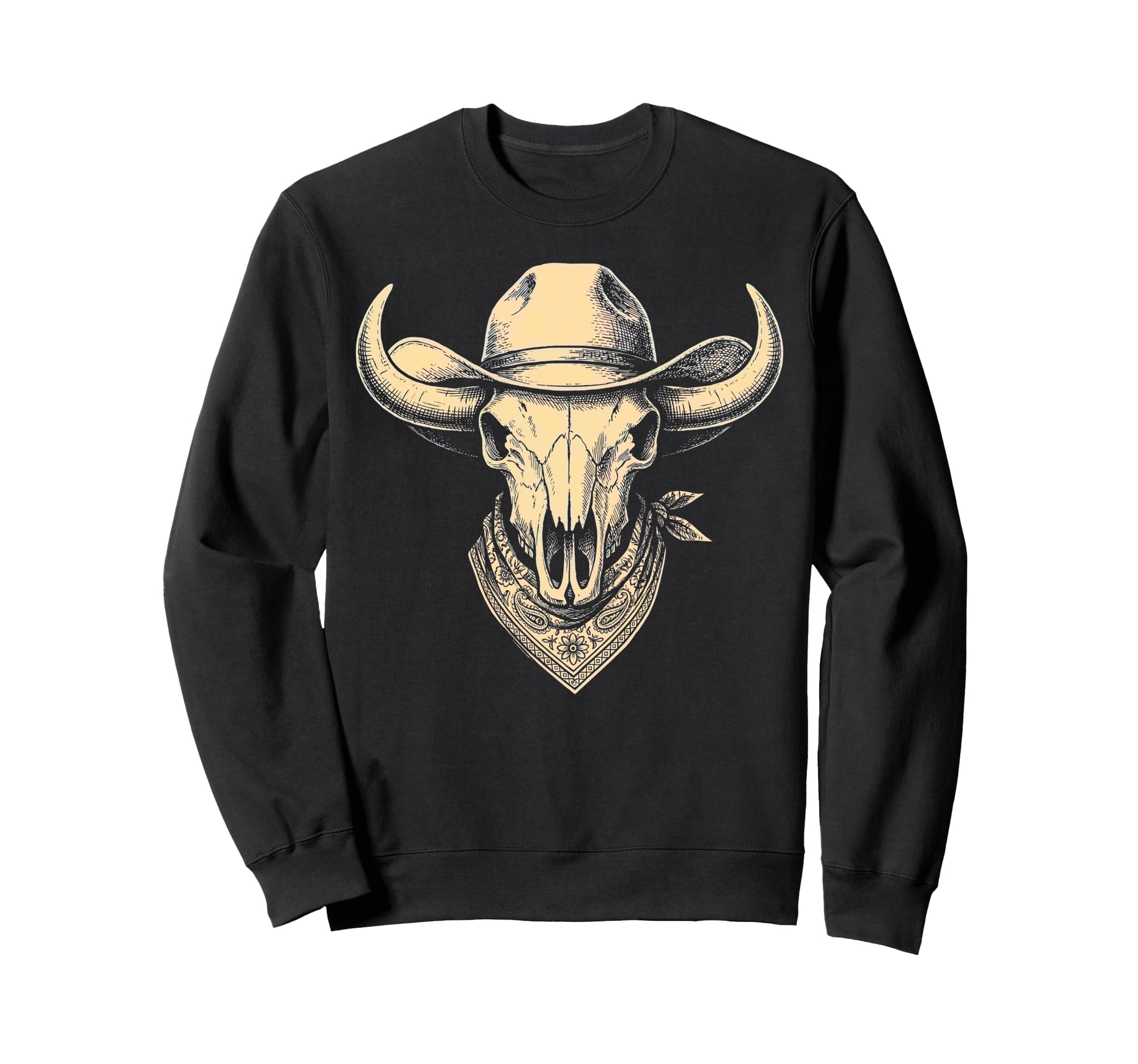 Bull Skull Cowboy Hat Bandana Western Sweatshirt - Graphic Print Unisex - T-Shirt, Sweatshirt, Hoodie