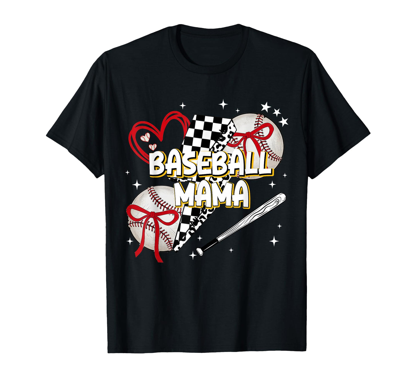 Baseball Mama Checkered Heart Bow T-Shirt - Graphic Print Men Women - T-Shirt, Sweatshirt, Hoodie