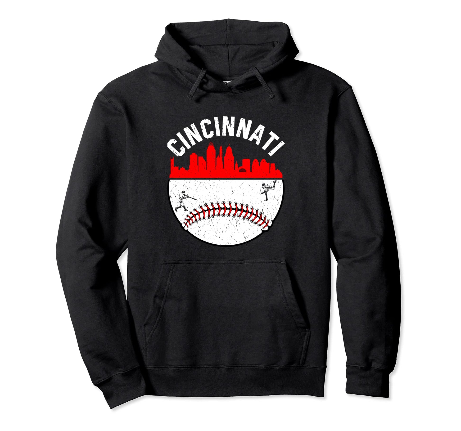 Cincinnati Cityscape Baseball Hoodie - Minimalist Print Men Women - T-Shirt, Sweatshirt, Hoodie