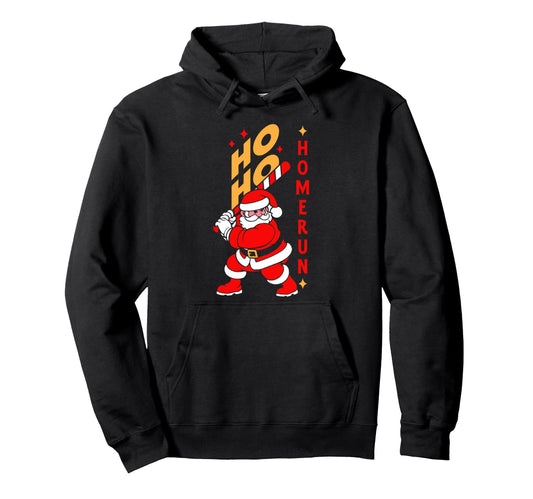Baseball Ho Ho Homerun Santa Playing Hoodie - Minimalist Print for Adults - T-Shirt, Sweatshirt, Hoodie