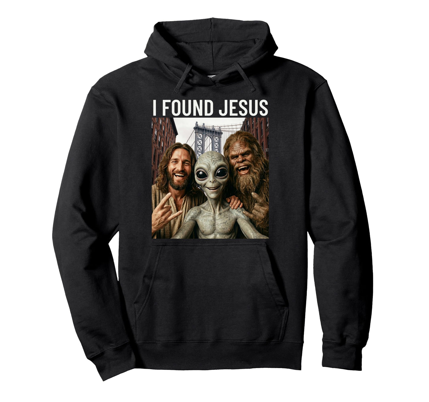 Funny Bigfoot Alien Jesus Rock Hand Hoodie - Unique Graphic for Adults - T-Shirt, Sweatshirt, Hoodie