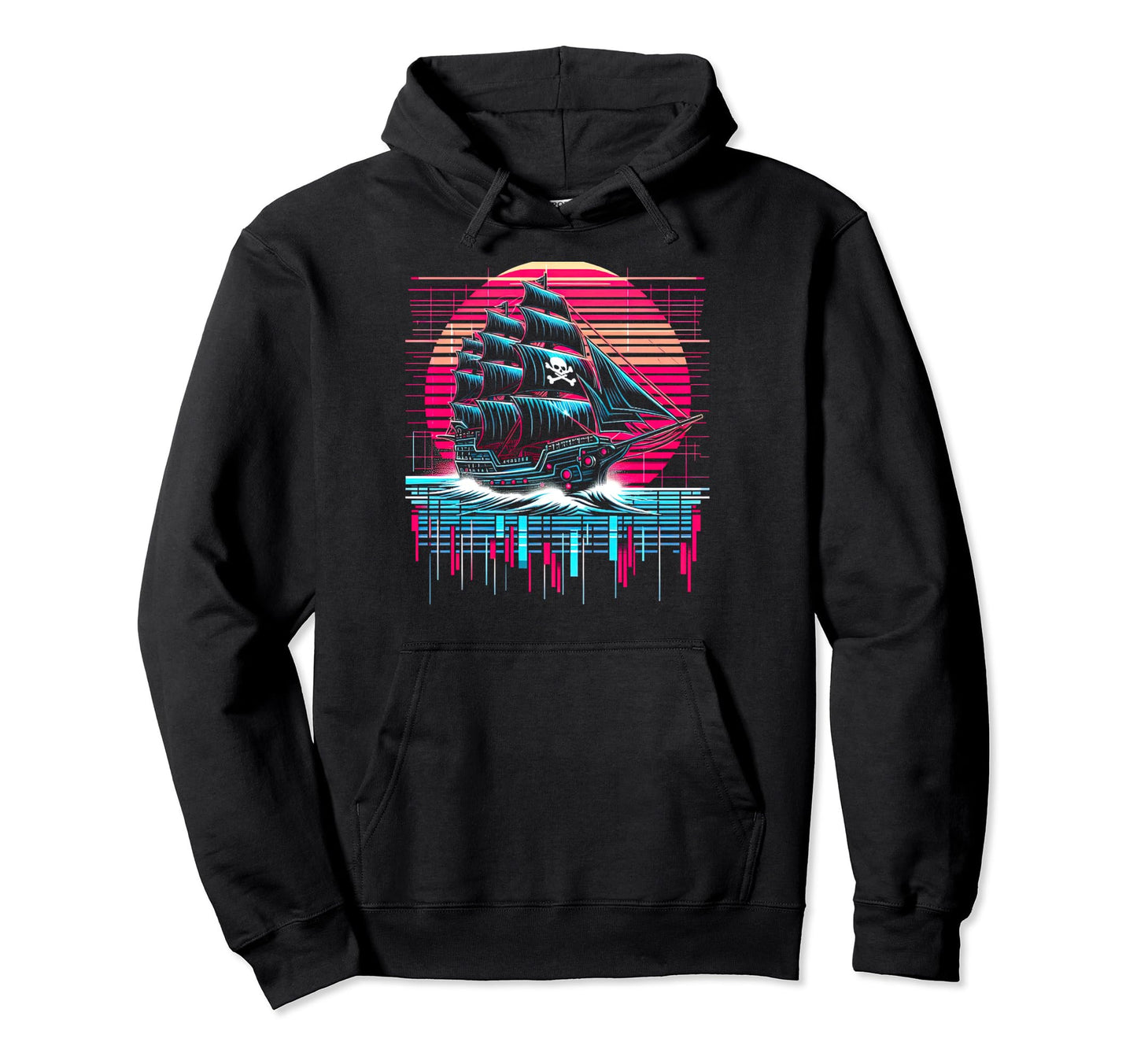 Synthwave Pirate Ship Retrowave Sunset Hoodie - Custom Art Print Unisex - T-Shirt, Sweatshirt, Hoodie
