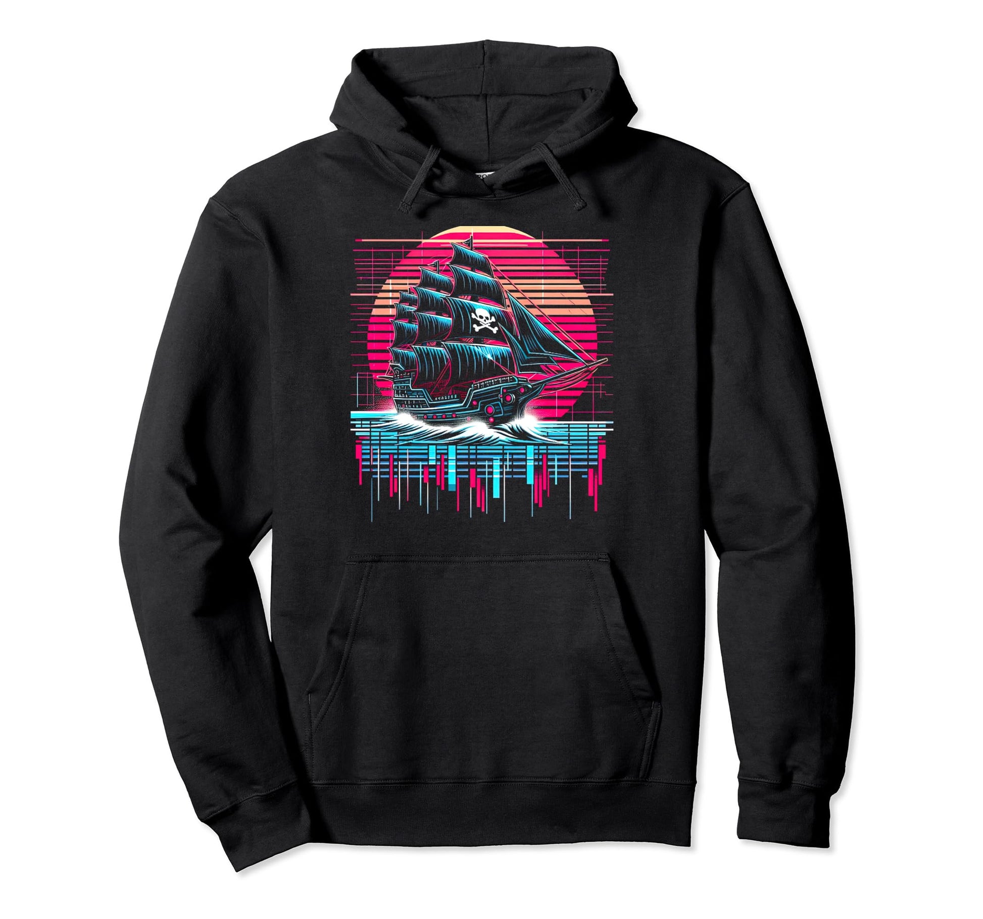Synthwave Pirate Ship Retrowave Sunset Hoodie - Custom Art Print Unisex - T-Shirt, Sweatshirt, Hoodie
