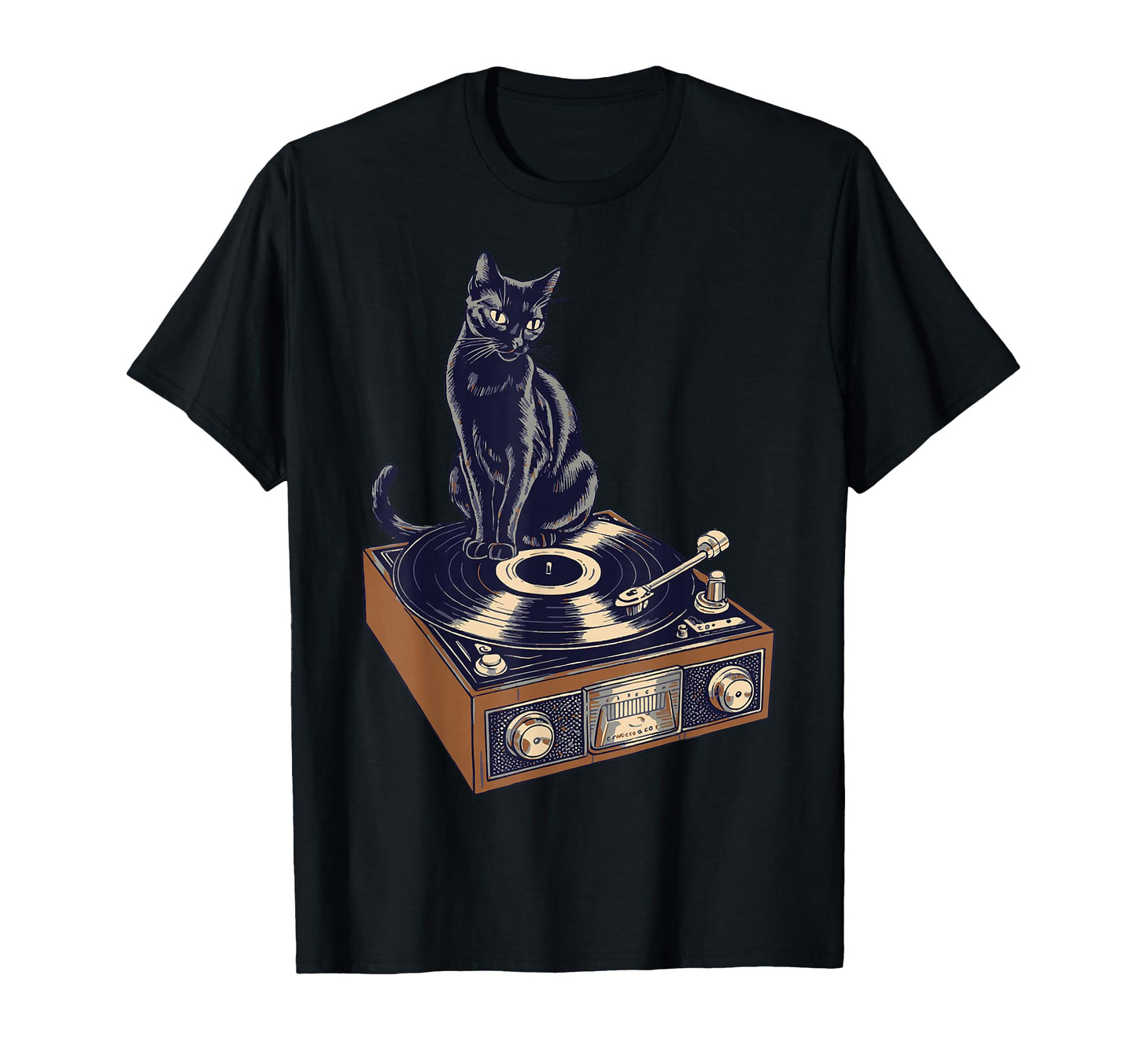 Black Cat Sitting Vinyl Record T-Shirt - Fun Novelty Design Men Women - T-Shirt, Sweatshirt, Hoodie