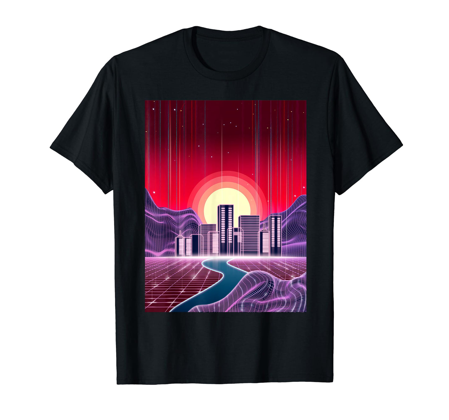 Outrun Digital Landscape Buildings T-Shirt - Minimalist Print Men Women - T-Shirt, Sweatshirt, Hoodie