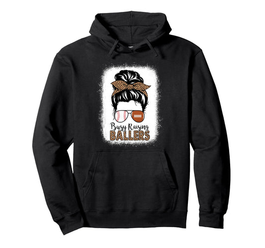 Baseball Football Mom Messy Bun Busy Hoodie - Unique Graphic Unisex - T-Shirt, Sweatshirt, Hoodie