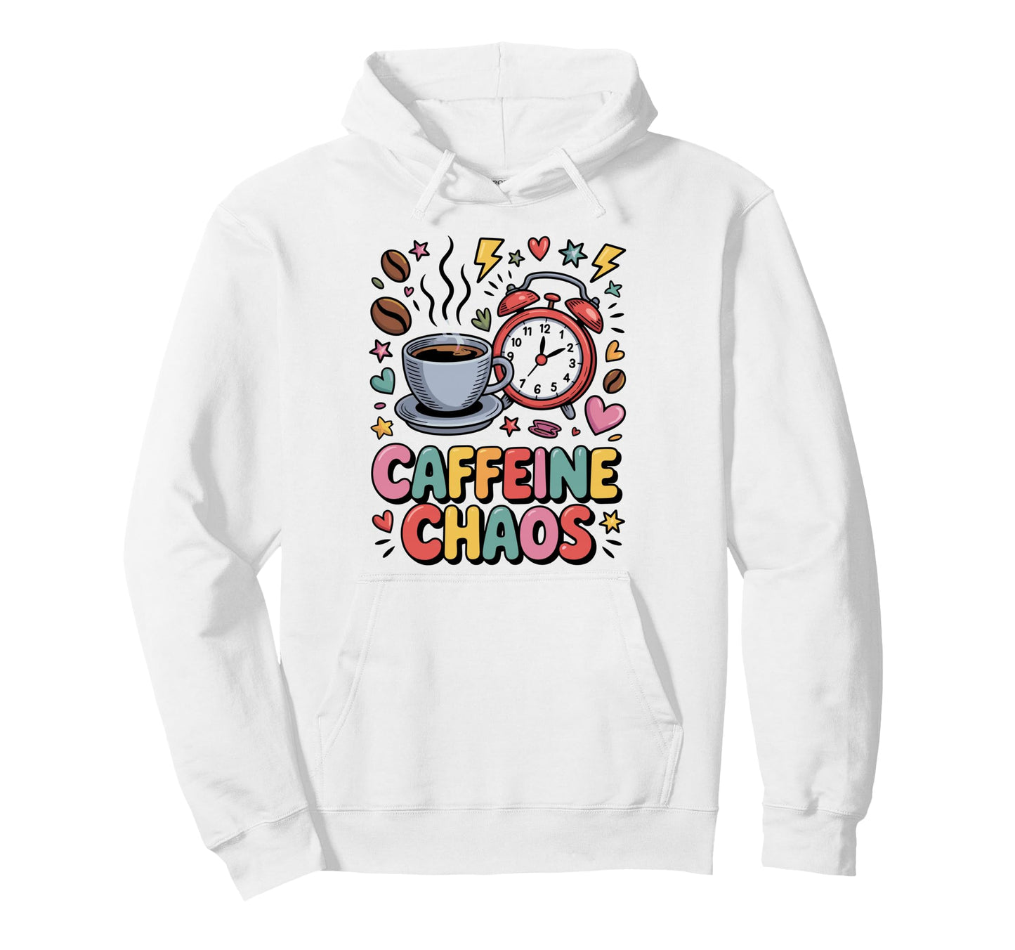 Caffeine Chaos Colorful Coffee Alarm Hoodie - Aesthetic Graphic for Adults - T-Shirt, Sweatshirt, Hoodie