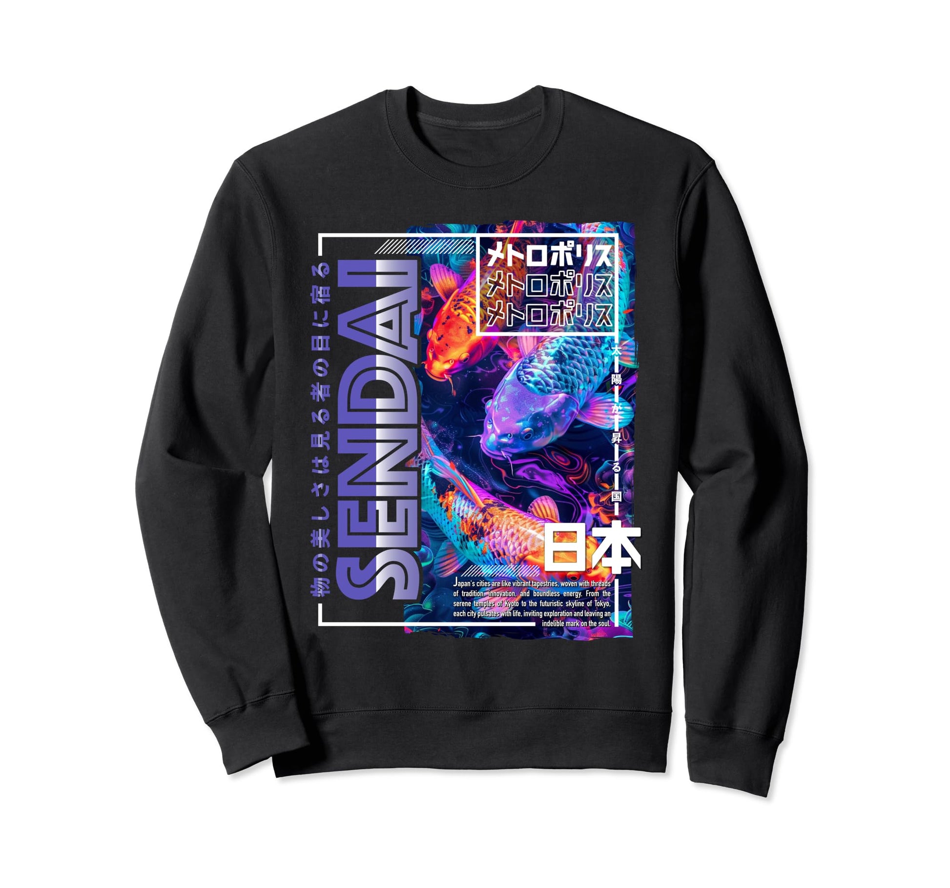 Sendai City 80S Synthwave Koi Carp Sweatshirt - Custom Art Print Unisex - T-Shirt, Sweatshirt, Hoodie
