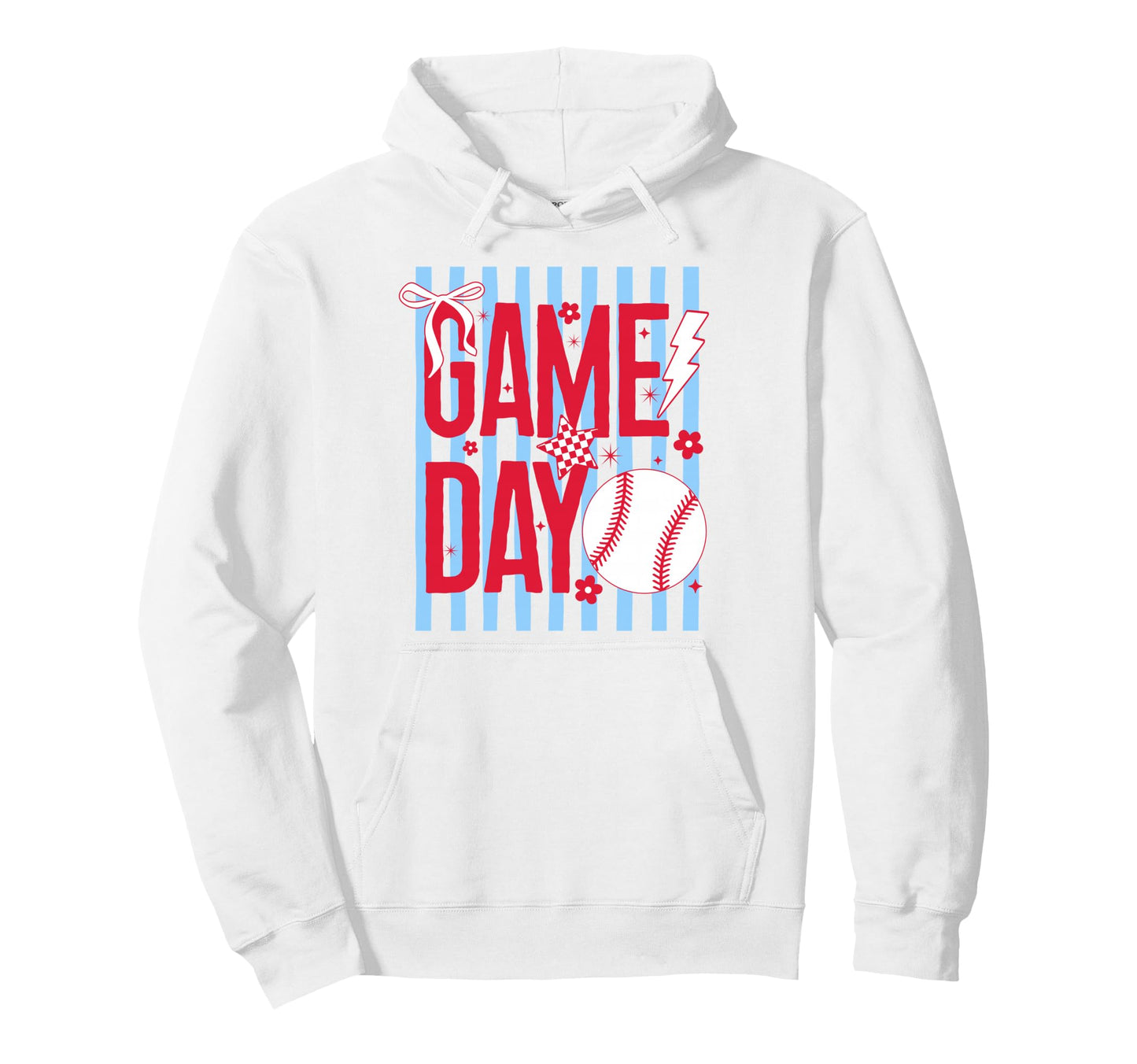 Game Day Baseball Mom Red Blue Striped Bow Hoodie - Streetwear Style Unisex - T-Shirt, Sweatshirt, Hoodie