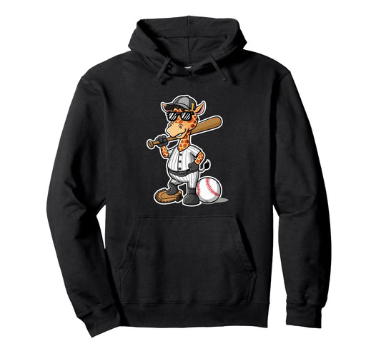 Baseball Giraffe Cartoon Sports Fan Hoodie - Aesthetic Graphic for Adults - T-Shirt, Sweatshirt, Hoodie