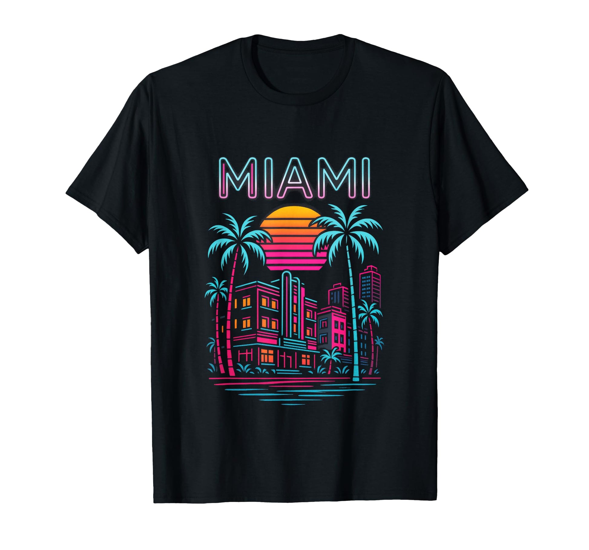 Miami Tropical Beach Skyline Sunset T-Shirt - Fun Novelty Design Men Women - T-Shirt, Sweatshirt, Hoodie