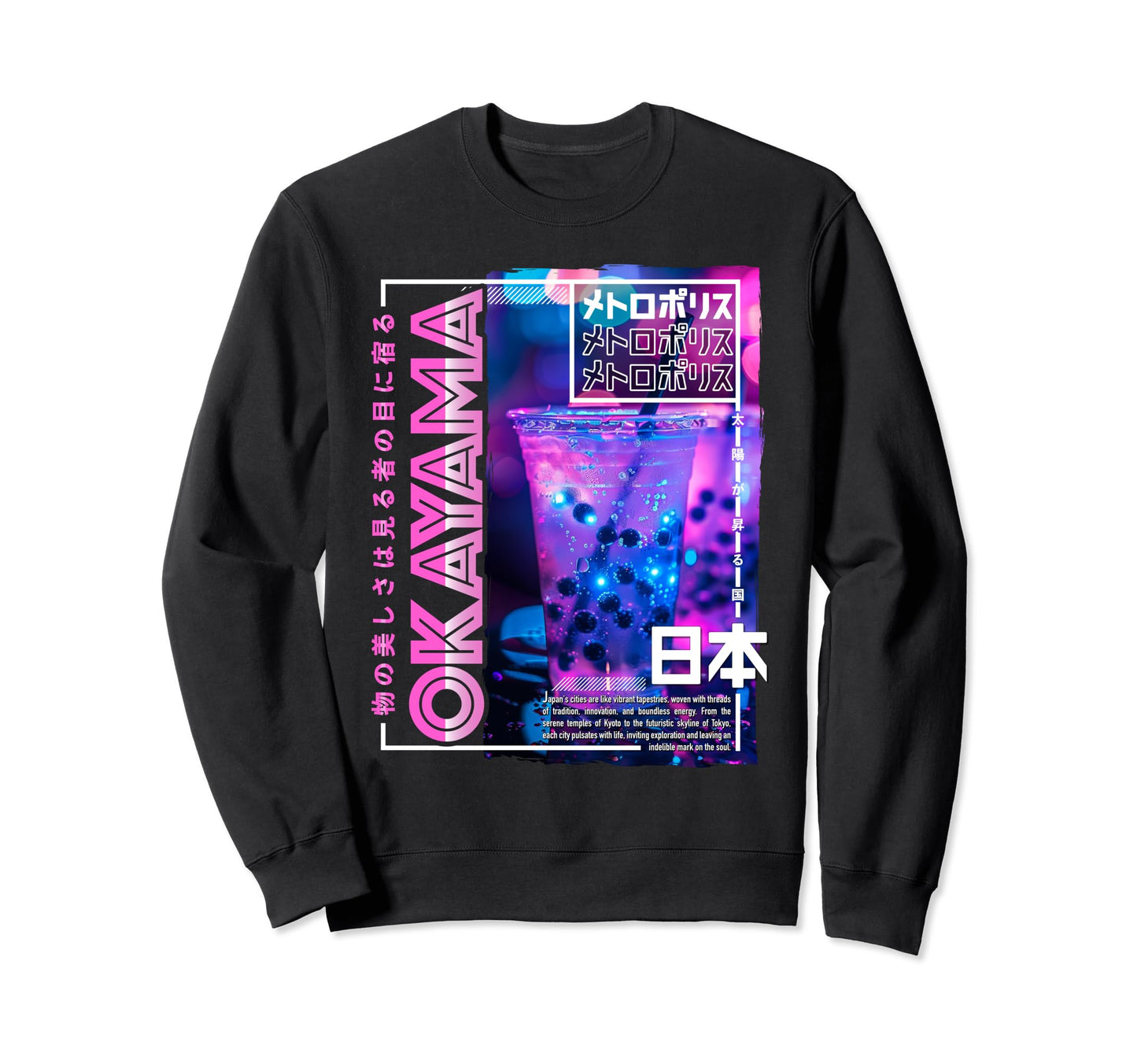 Okayama City 80S Synthwave Boba Sweatshirt - Custom Art Print Men Women - T-Shirt, Sweatshirt, Hoodie