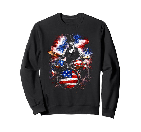 Abe Lincoln Abraham Playing Drums Sweatshirt - Unique Graphic for Adults - T-Shirt, Sweatshirt, Hoodie