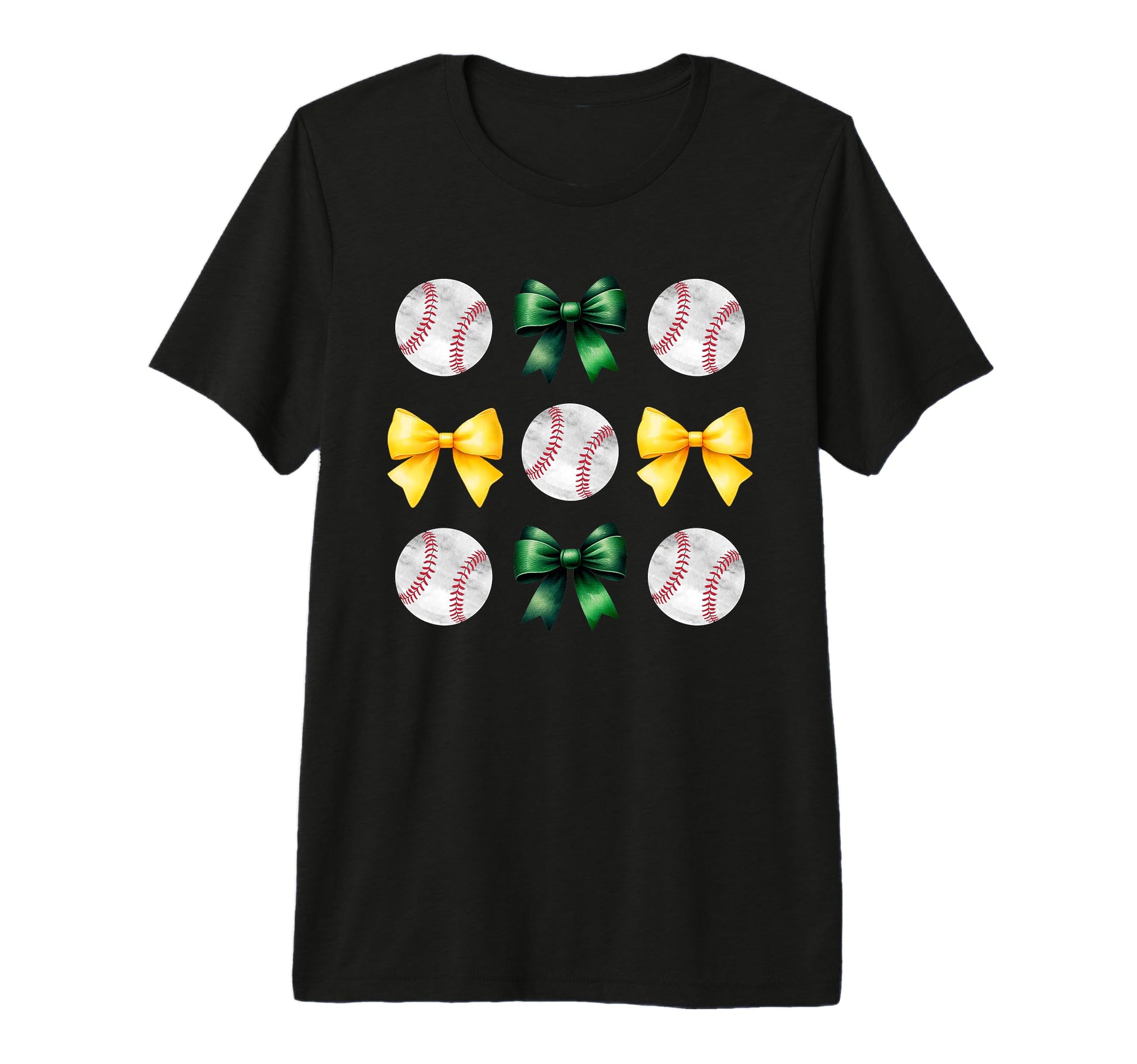 Baseballs Green Yellow Bows Ball Mom T-Shirt - Casual Everyday Wear Unisex - T-Shirt, Sweatshirt, Hoodie