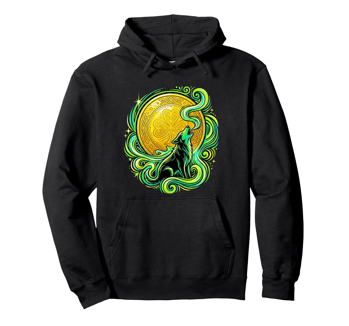 Lucky Irish Howling Dog Shamrock Moon Hoodie - Trendy Graphic Unisex - T-Shirt, Sweatshirt, Hoodie
