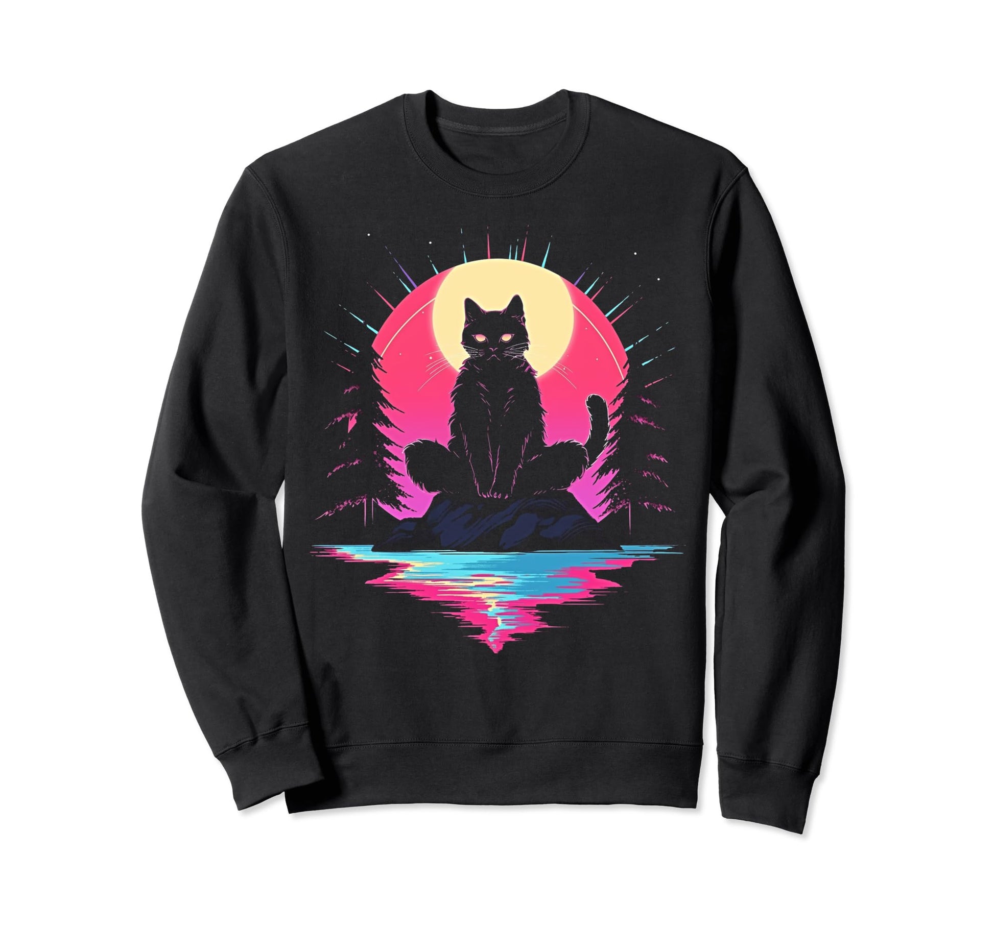 Synthwave Cat Samurai Mediation Sweatshirt - Trendy Graphic Unisex - T-Shirt, Sweatshirt, Hoodie
