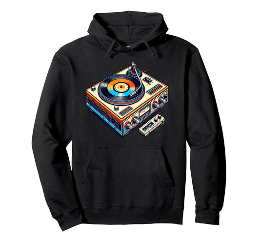 80S 90S Vinyl Record Player Turntable Hoodie - Unique Graphic for Adults - T-Shirt, Sweatshirt, Hoodie