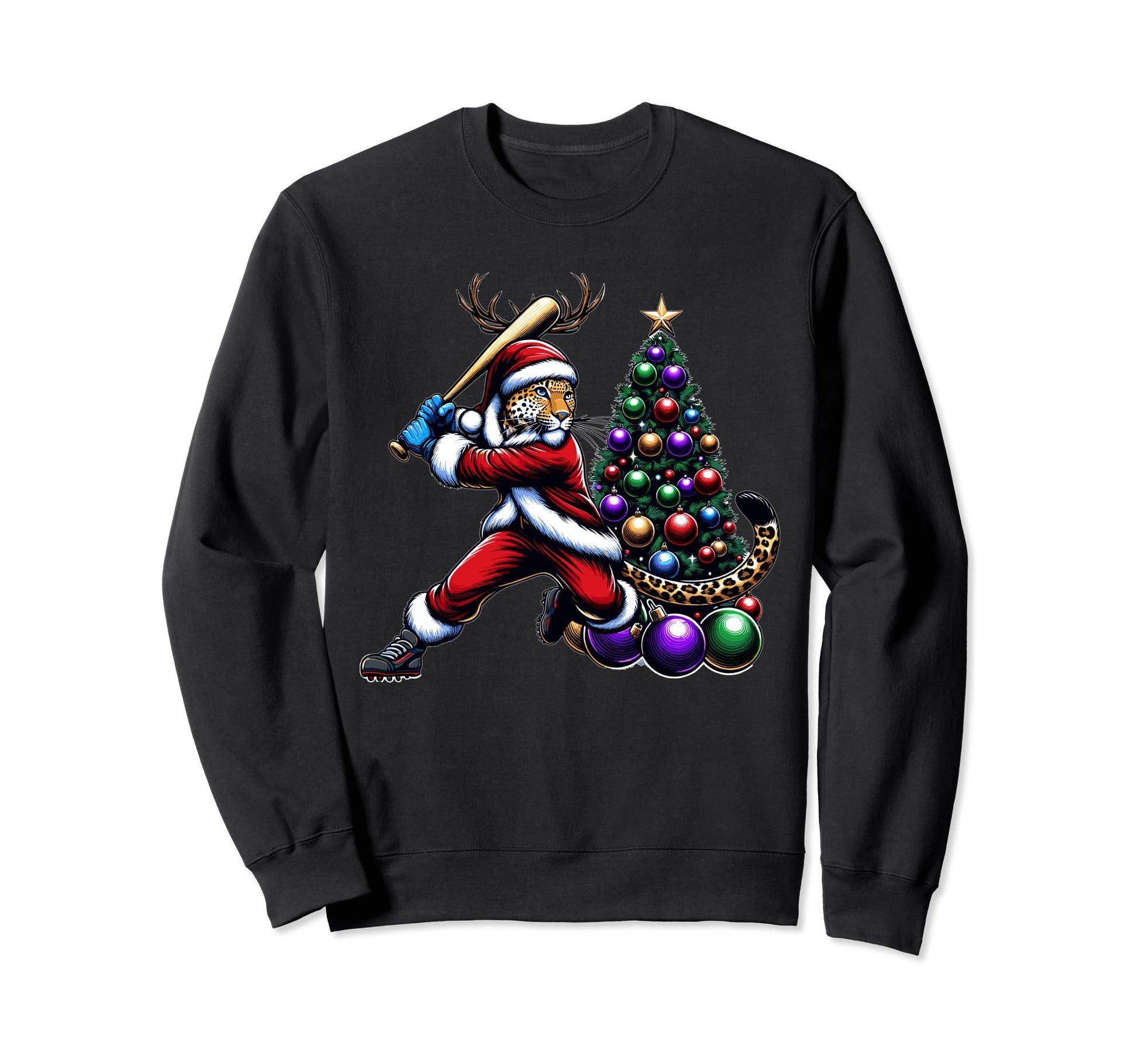 Santa Leopard Play Baseball Reindeer Sweatshirt - Custom Art Print Unisex - T-Shirt, Sweatshirt, Hoodie
