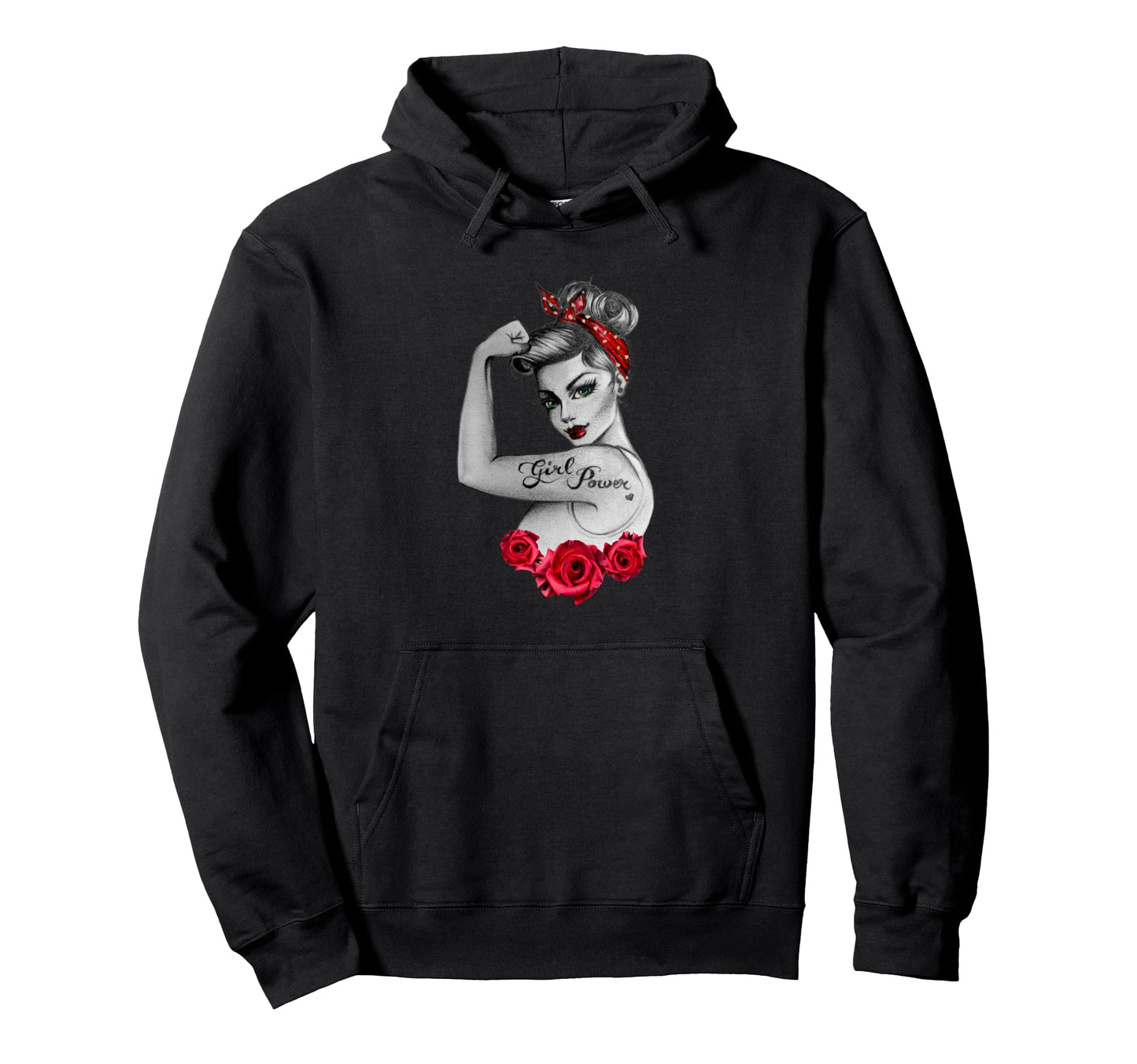Power Pin Up Red Roses Rosieriveter Hoodie - Novelty Apparel Men Women - T-Shirt, Sweatshirt, Hoodie