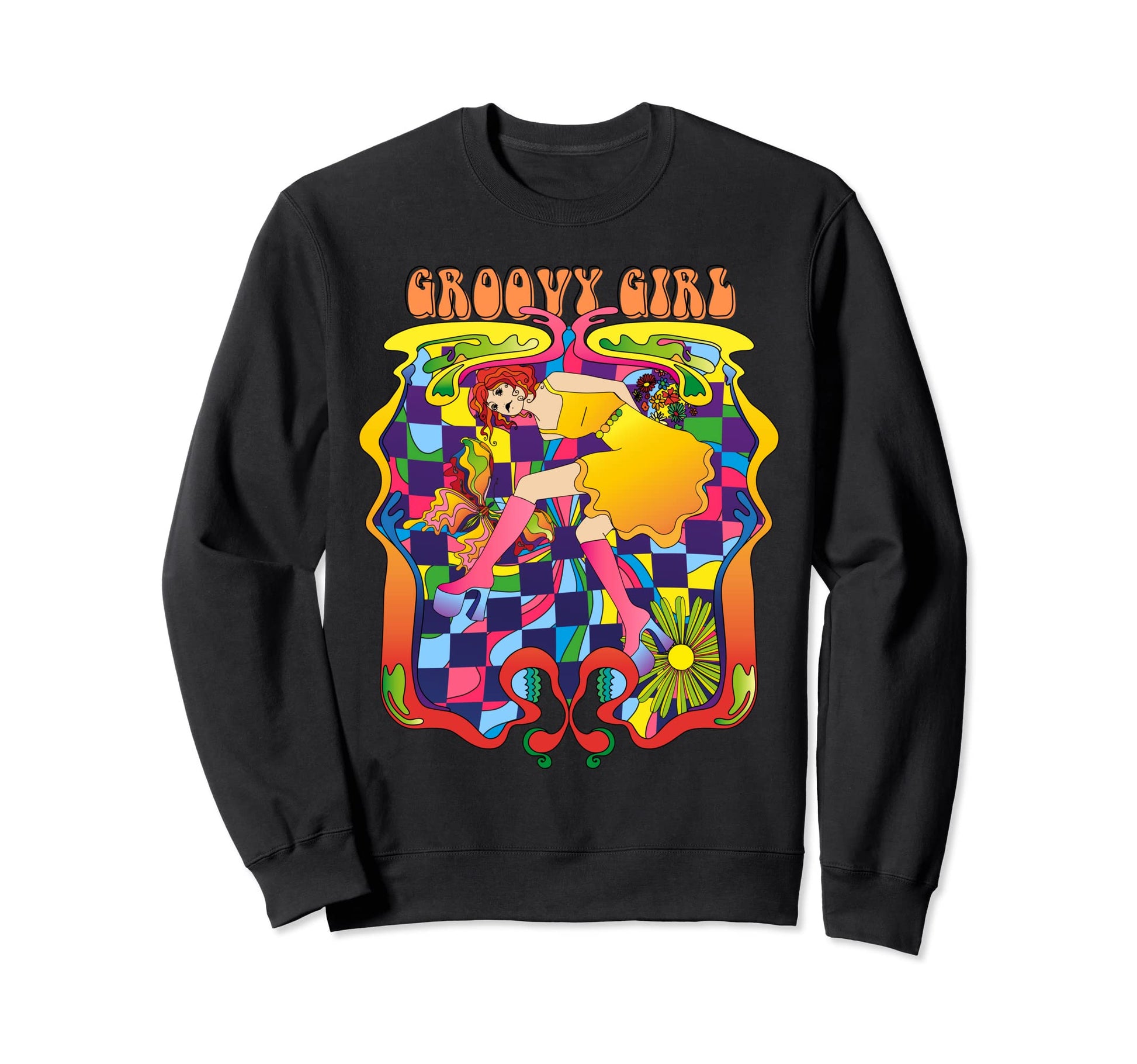 Groovy Rainbow Flower Checkerboard Sweatshirt - Novelty Apparel for Adults - T-Shirt, Sweatshirt, Hoodie