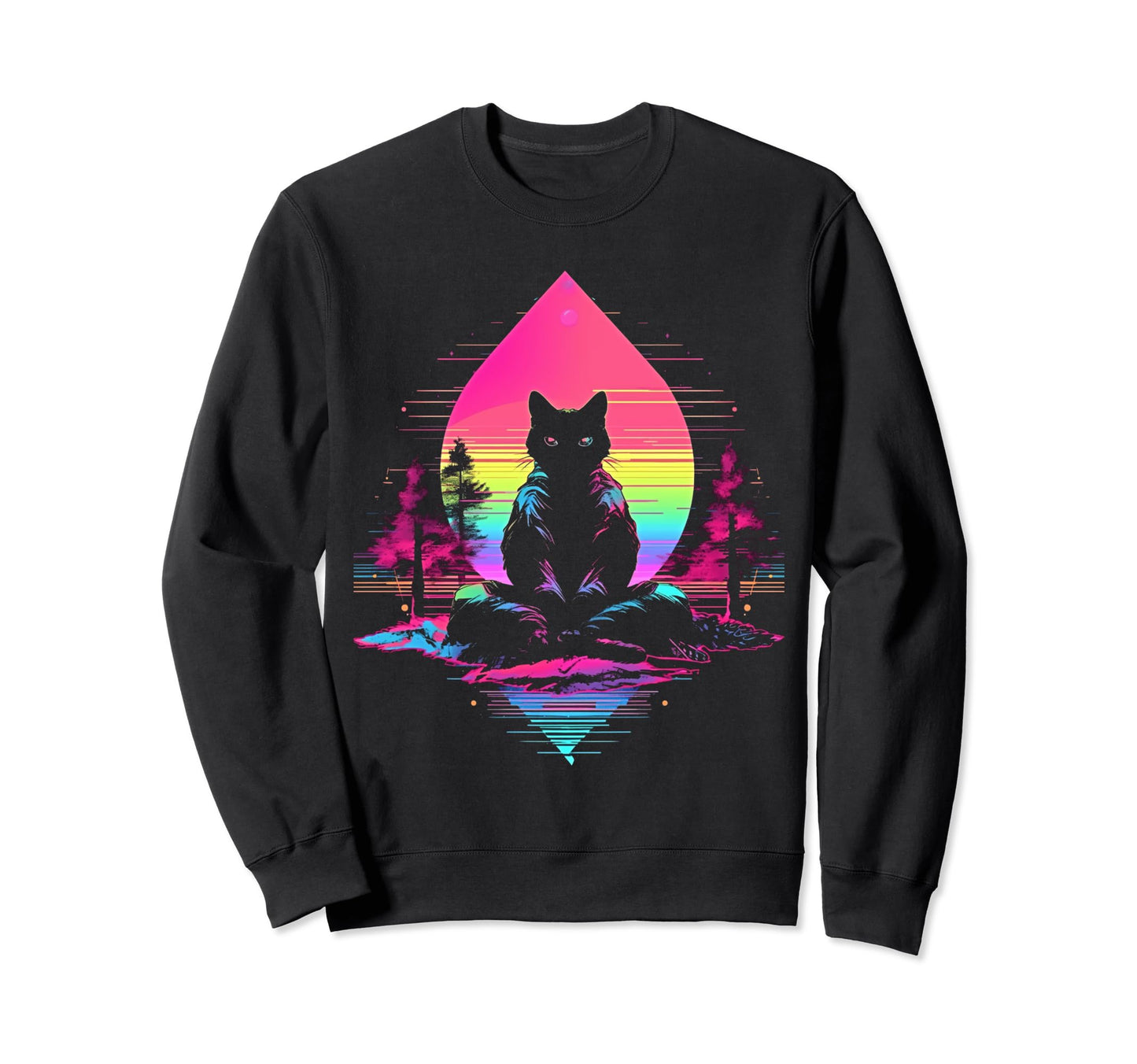 Synthwave Cat Samurai Mediation Sweatshirt - Unique Graphic Men Women - T-Shirt, Sweatshirt, Hoodie