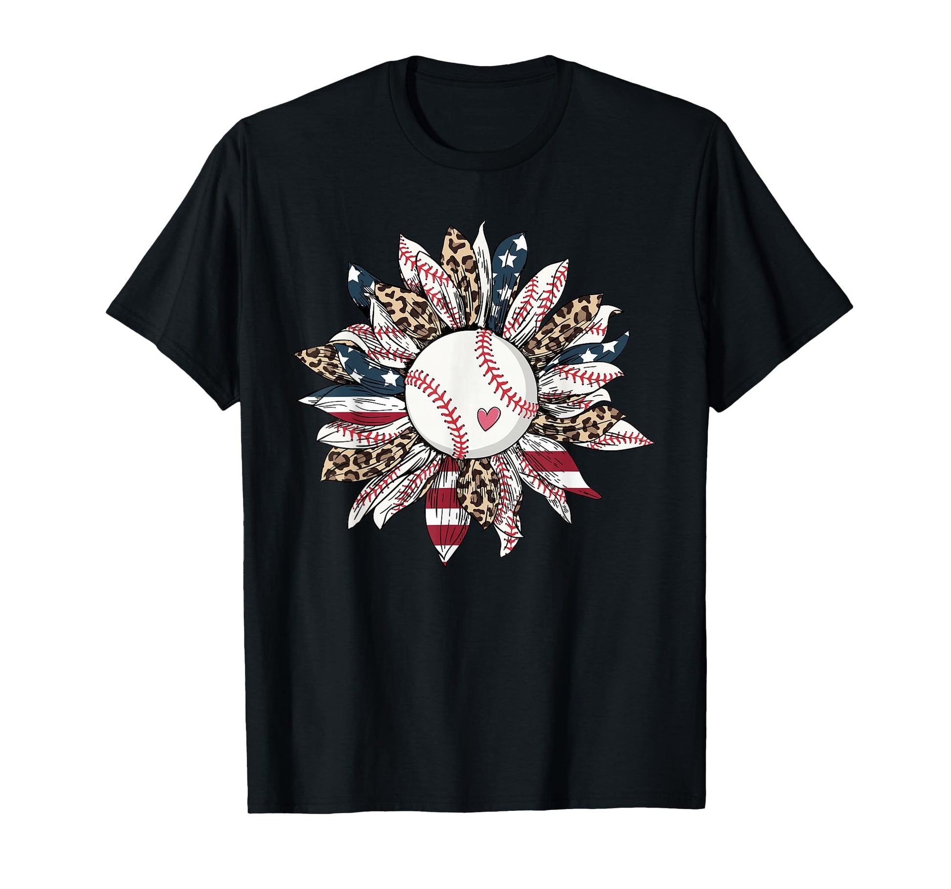 Baseball American Flag Leopard Sunflower T-Shirt - Trendy Graphic Unisex - T-Shirt, Sweatshirt, Hoodie
