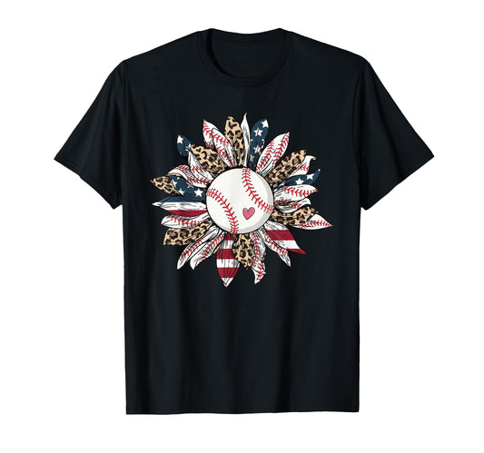 Baseball American Flag Leopard Sunflower T-Shirt - Trendy Graphic Unisex - T-Shirt, Sweatshirt, Hoodie