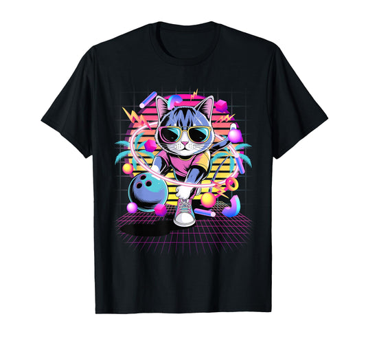 80S Vaporwave Cat Bowler Sunglasses T-Shirt - Graphic Print Unisex - T-Shirt, Sweatshirt, Hoodie