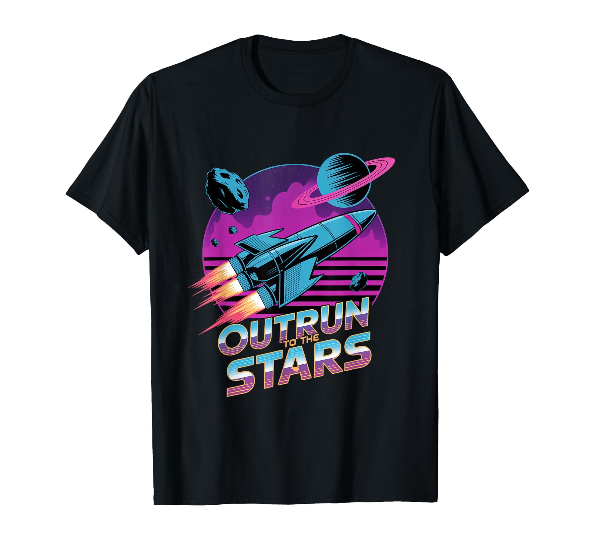 Outrun To Stars Space Rocket Vaporwave T-Shirt - Fun Novelty Design Unisex - T-Shirt, Sweatshirt, Hoodie