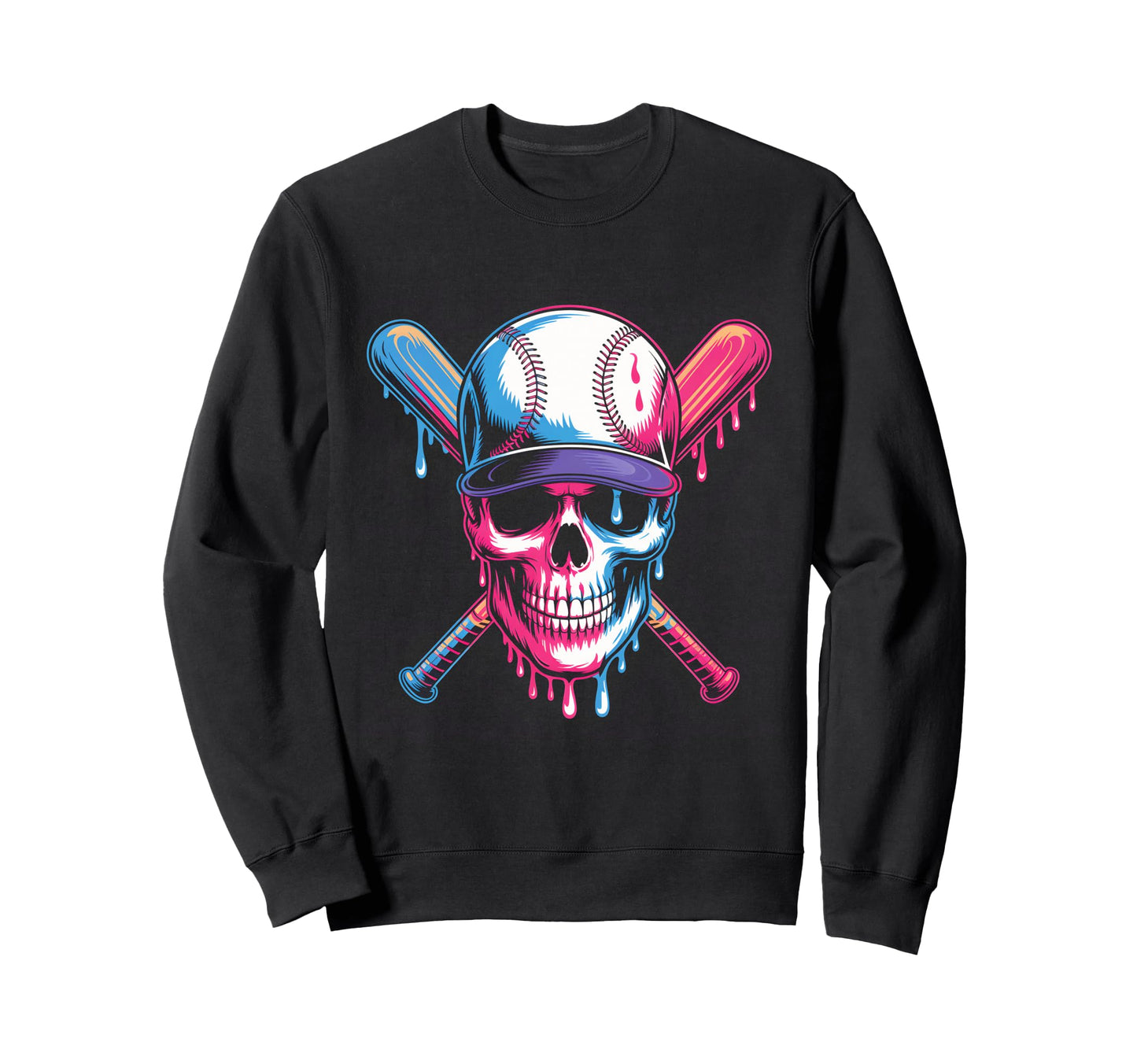Baseball Skull Bats Dripping Sweatshirt - Fun Novelty Design Men Women - T-Shirt, Sweatshirt, Hoodie