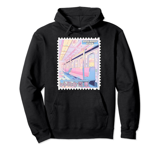 90S Anime Train Postage Stamp Pastel Hoodie - Novelty Apparel Unisex - T-Shirt, Sweatshirt, Hoodie