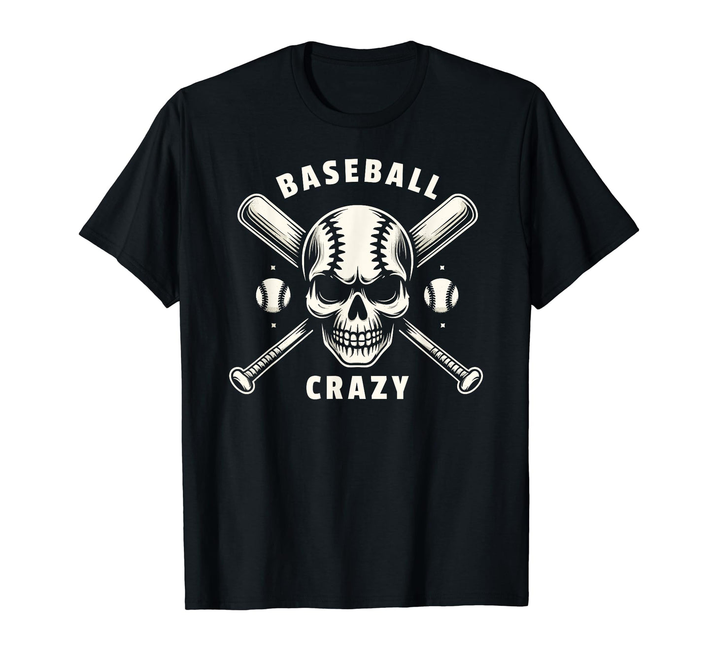 Baseball Crazy Skull Crossed Bats T-Shirt - Minimalist Print Unisex - T-Shirt, Sweatshirt, Hoodie