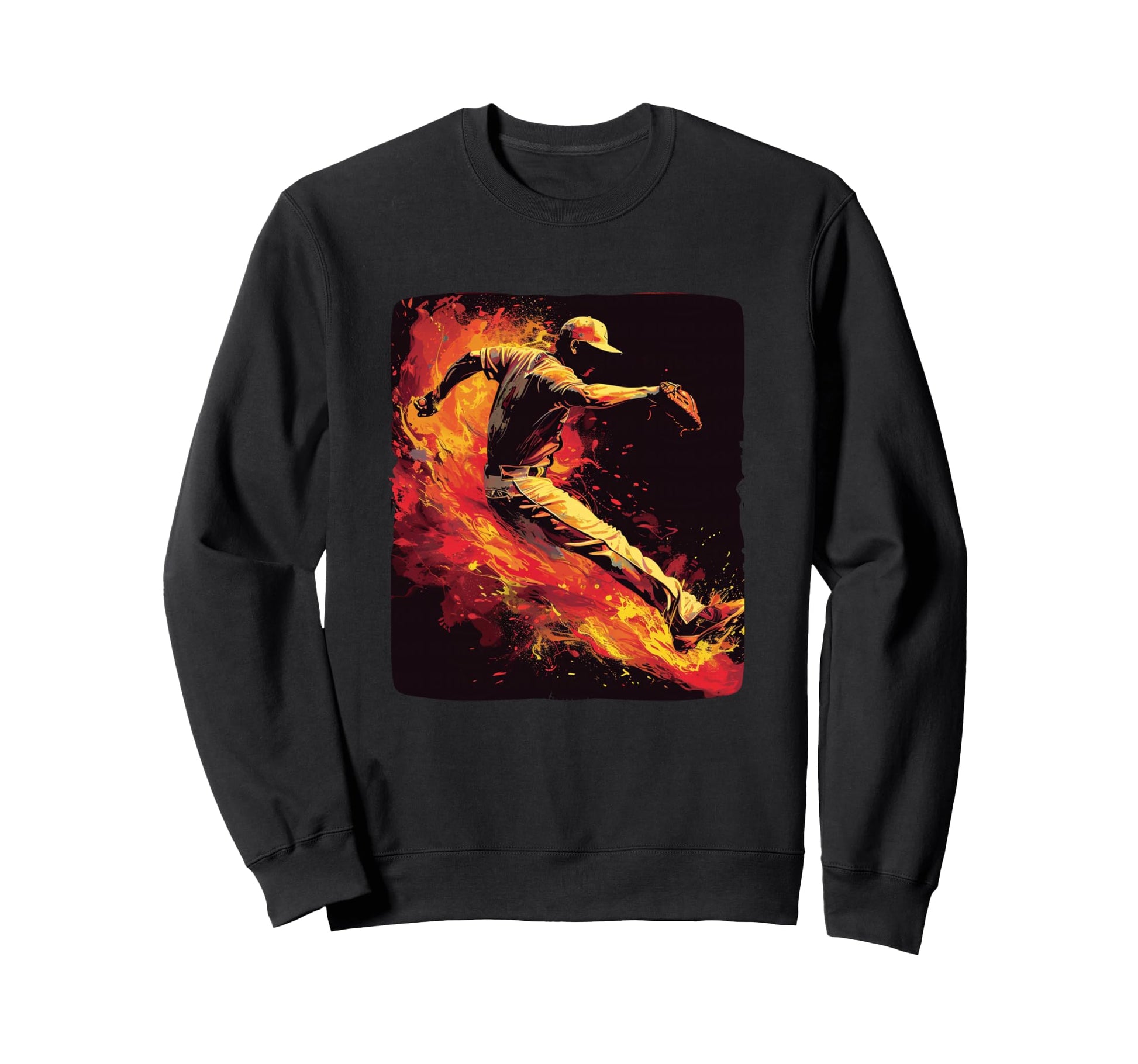 Burning Baseball Player Flames And Sweatshirt - Graphic Print for Adults - T-Shirt, Sweatshirt, Hoodie