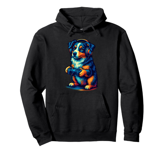 Australian Shepherd Gamer Gaming Dog Hoodie - Graphic Print for Adults - T-Shirt, Sweatshirt, Hoodie
