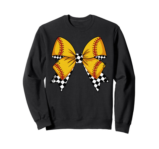 Baseball Bow Softball Checkered Hoodie - Casual Everyday Wear for Adults - T-Shirt, Sweatshirt, Hoodie