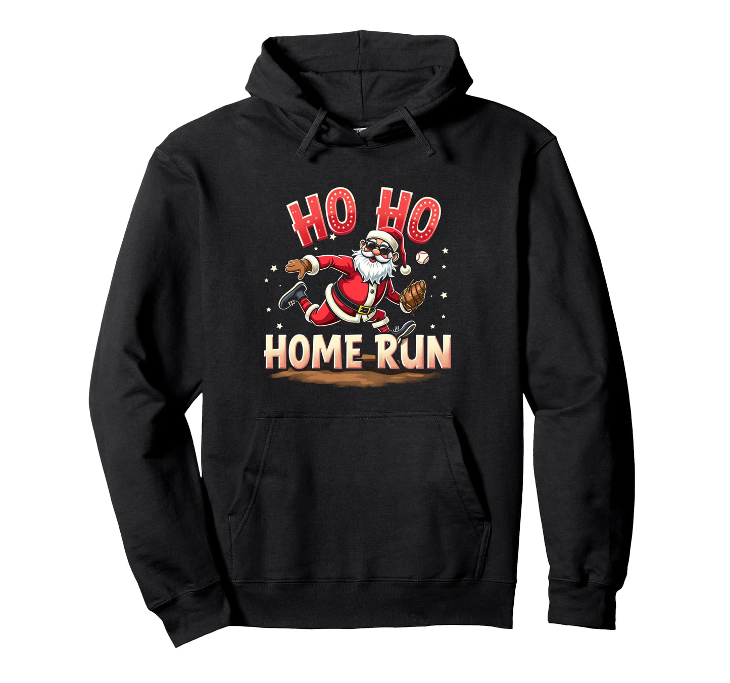 Baseball Ho Ho Home Run Santa Playing Hoodie - Novelty Apparel for Adults - T-Shirt, Sweatshirt, Hoodie