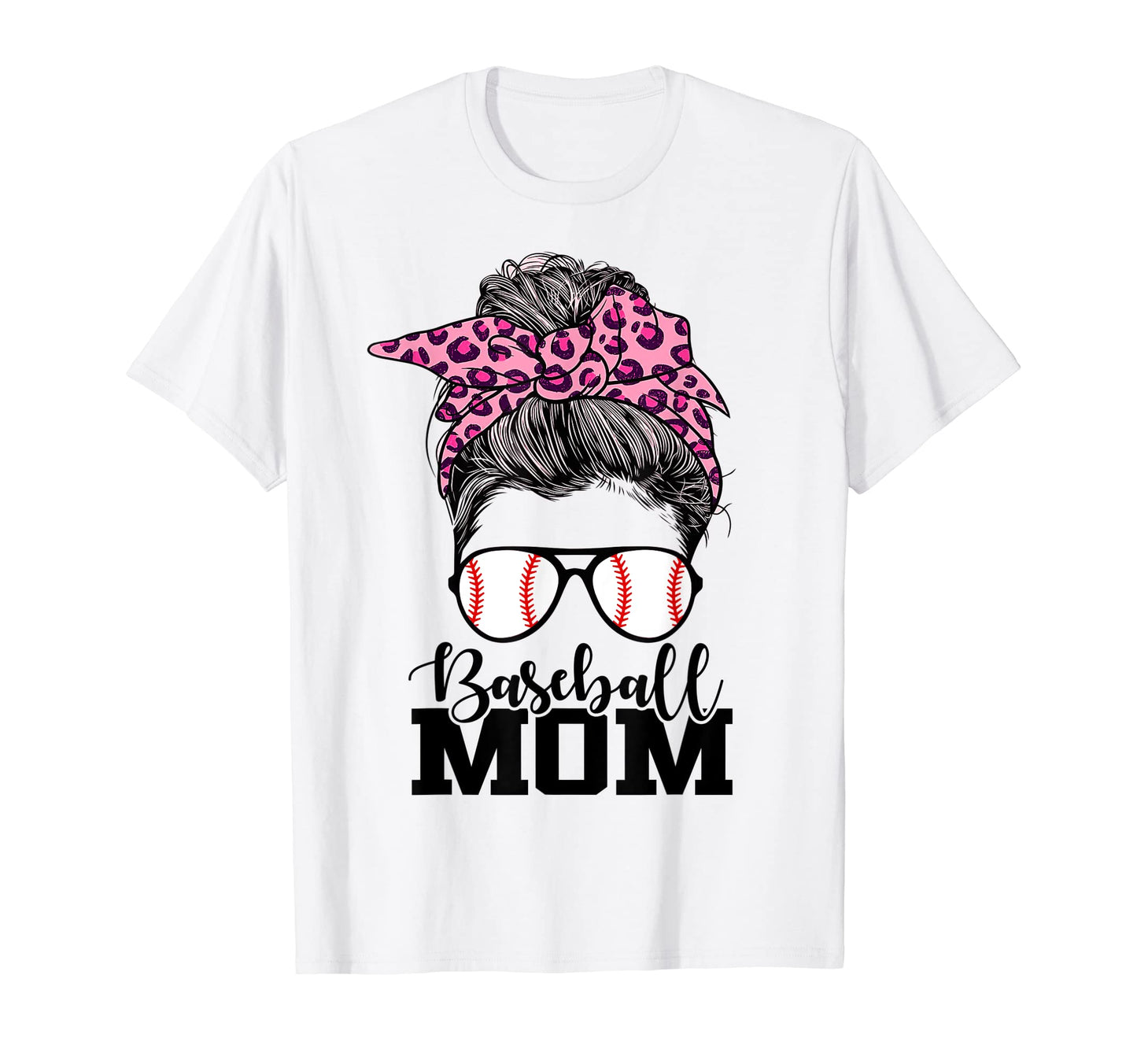Baseball Mom Messy Bun Leopard Mothers Day T-Shirt - Graphic Print Unisex - T-Shirt, Sweatshirt, Hoodie