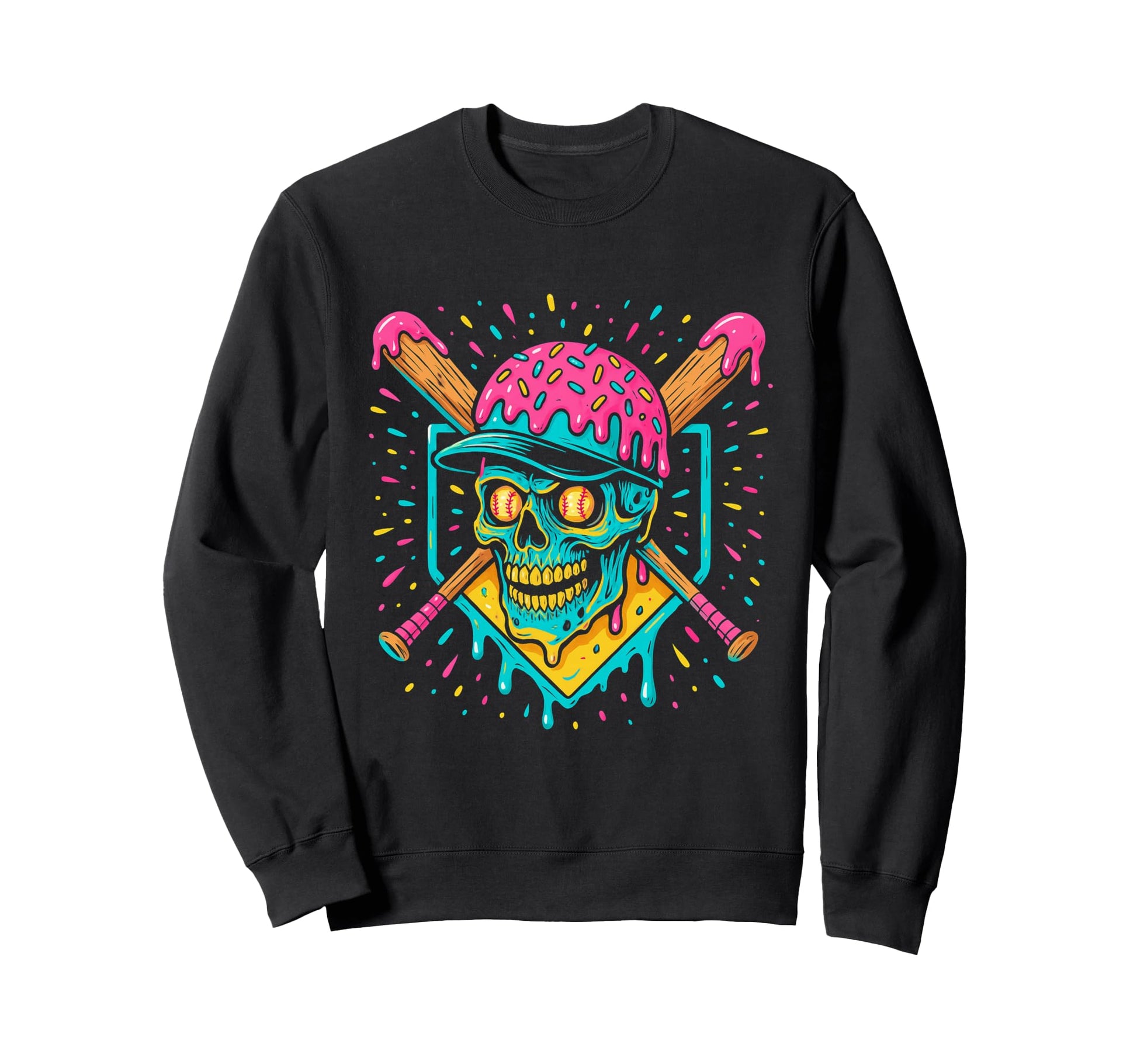 Baseball Home Plate Drip Ice Cream Skull Sweatshirt - Graphic Print Unisex - T-Shirt, Sweatshirt, Hoodie