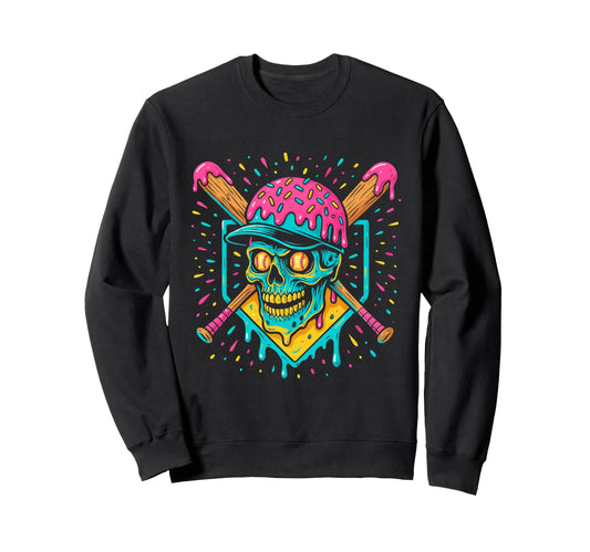 Baseball Home Plate Drip Ice Cream Skull Sweatshirt - Graphic Print Unisex - T-Shirt, Sweatshirt, Hoodie